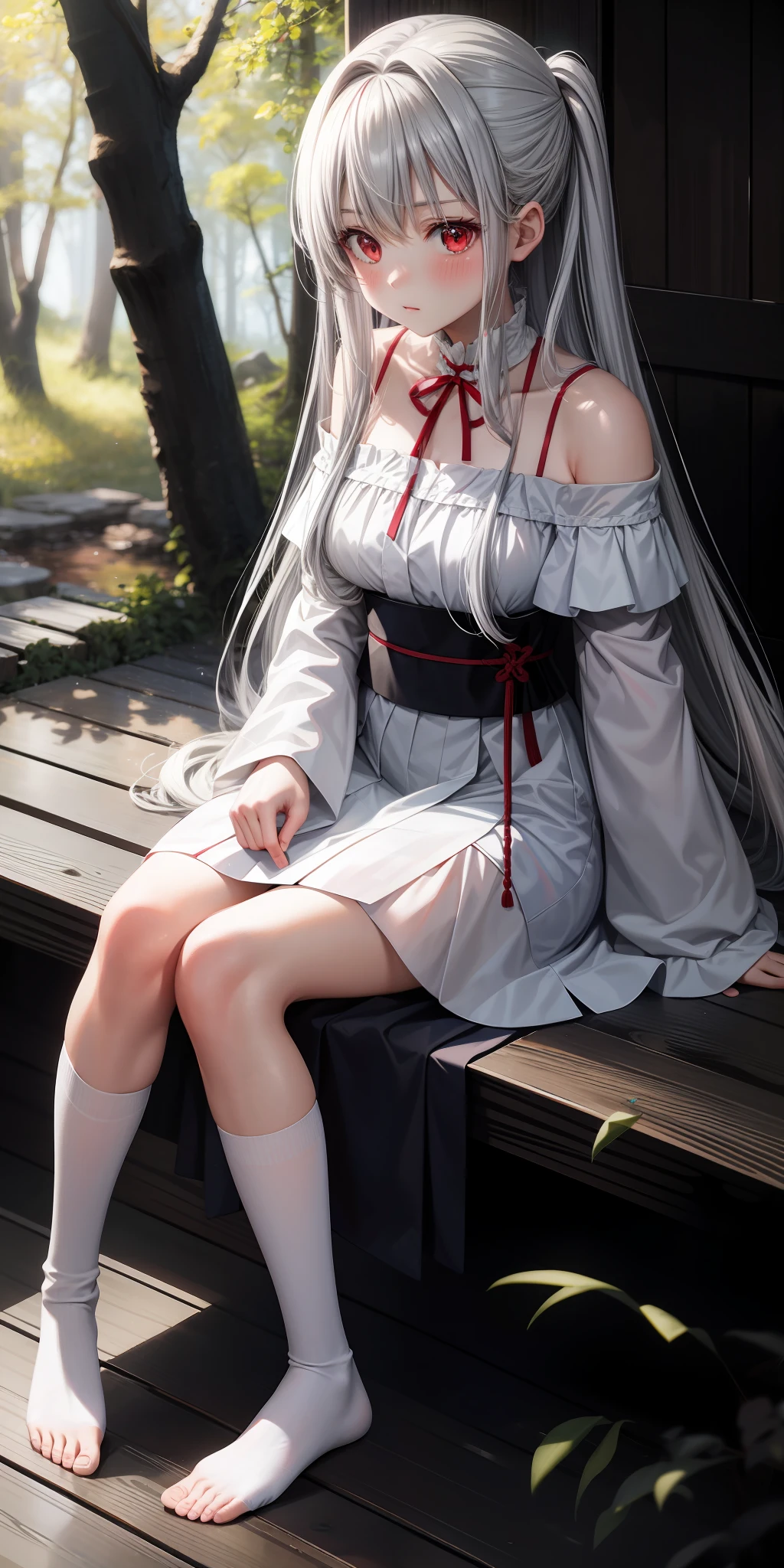 anime, girl alone, gray hair, long hair, red eyes, upper eyes, blush, japanese room, sitting, white dress, off-shoulder, in the woods,