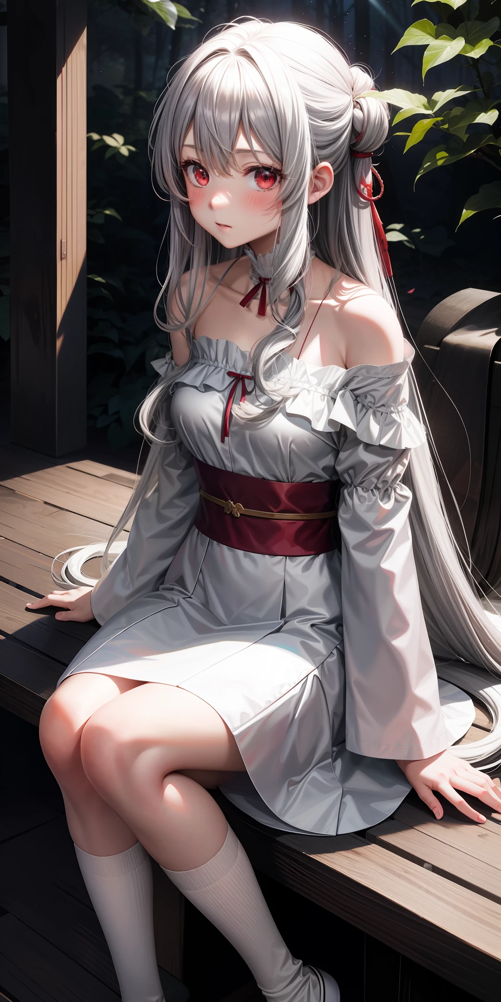 anime, girl alone, gray hair, long hair, red eyes, upper eyes, blush, japanese room, sitting, white dress, off-shoulder, in the woods,