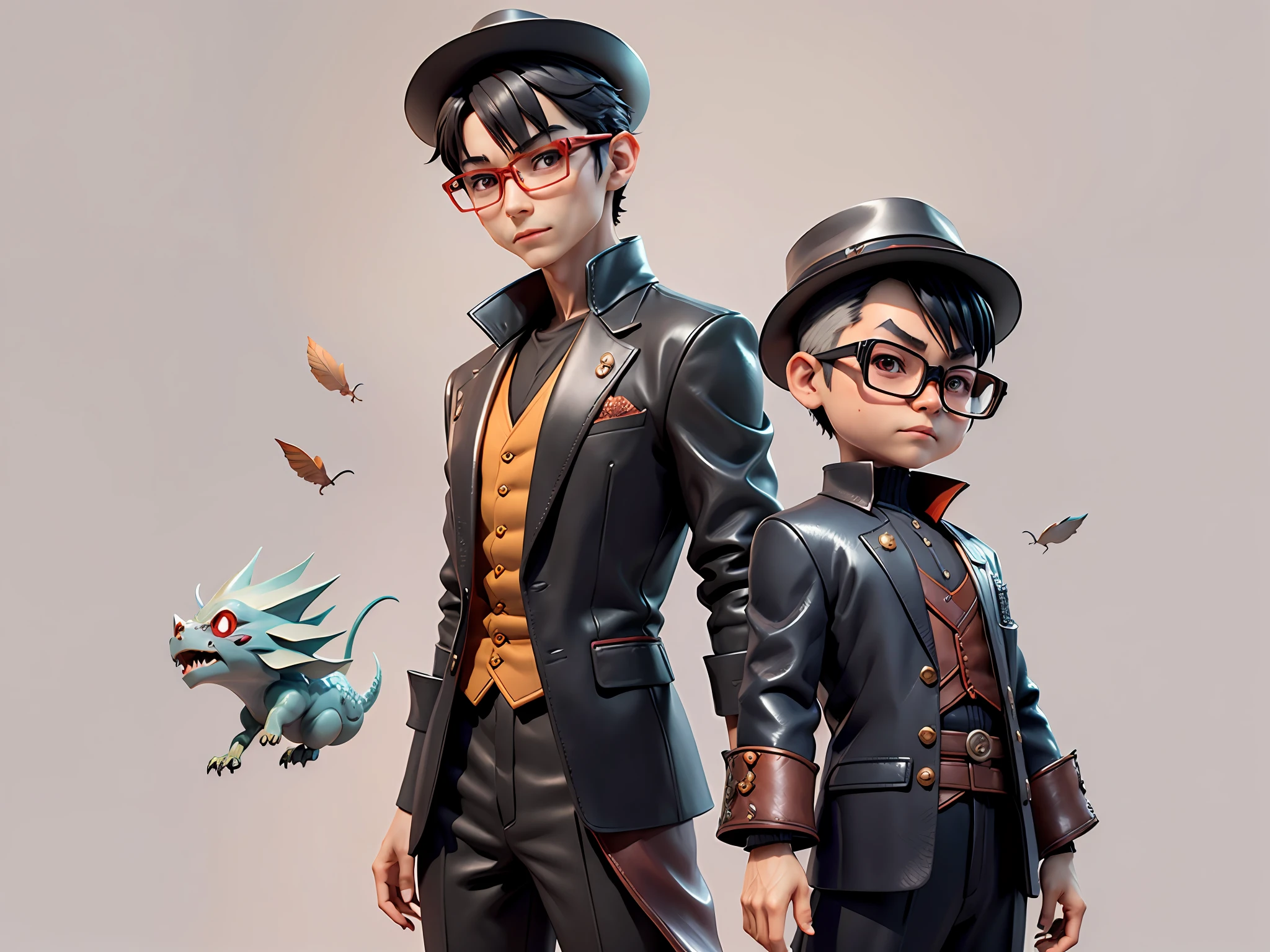 Young man with oriental face in leather hat, dragon, formal suit, short black hair, silver glasses, digital painting, 3D character design by Mark Clairedon and Pixar and Hayao Miyazaki and Akira Toriyama, the illustration is a high-definition illustration in 4K resolution with very detailed facial features and cartoon-style visuals.