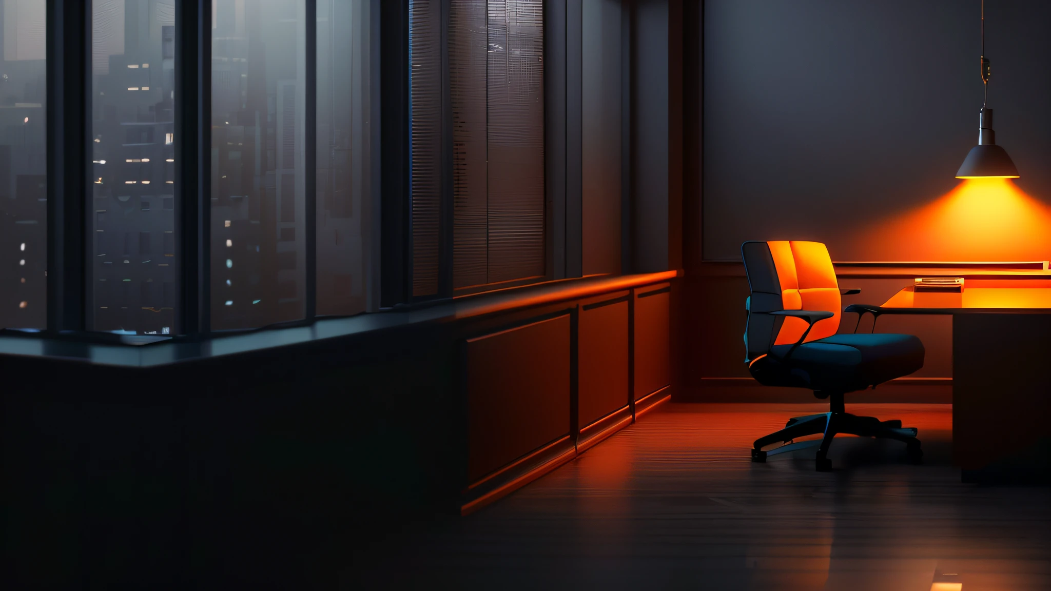 dimly lit office with a desk and chair in front of a window, personal room background, office background, interior background art, corner office background, dramatic lighting render, background artwork, an empty backroom at night, dramatic lighting. concept art, detailed lighting and textures, detailed cinematic render, cinematic rendered, rendered in unreal engine 4 k hq --auto --s2