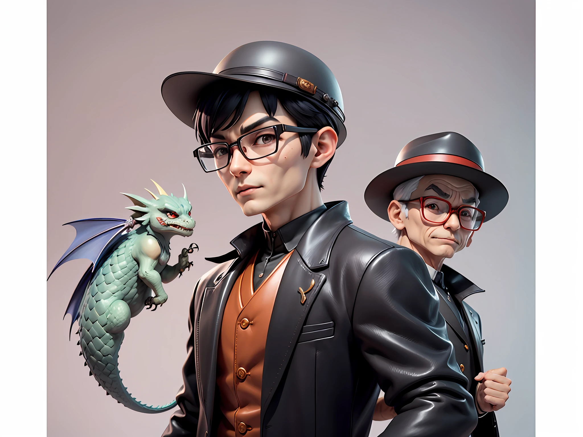 Young man with oriental face in leather hat, dragon, formal suit, short black hair, silver glasses, digital painting, 3D character design by Mark Clairedon and Pixar and Hayao Miyazaki and Akira Toriyama, the illustration is a high-definition illustration in 4K resolution with very detailed facial features and cartoon-style visuals.