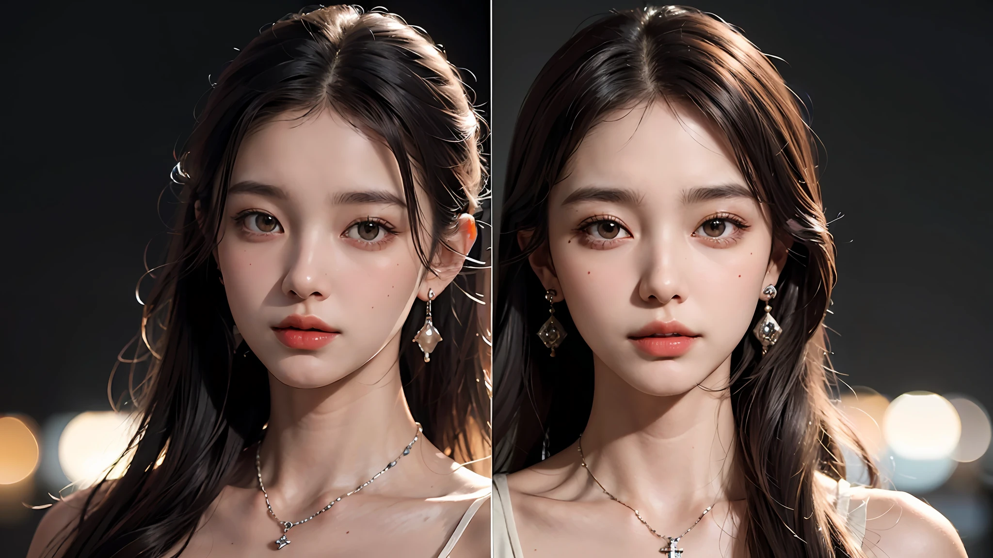 Wearing only one long shirt, (all buttons open: 1.1), big breasts, deep cleavage, best quality, masterpiece, illustration, very delicate and beautiful, very detailed, CG, unity, 8K wallpapers, amazing, fine detail, very detailed CG Unity 8K wallpapers, huge file size, very detailed, high resolution, handsome detail woman, very detailed eyes and face, wonderful detailed eyes, light on face, (Best Illustration: 1.1), (Best Shadow: 1.1), Ultra High Resolution, (Photoreal: 1.1), (Photo Realistic: 1.2:1.1), Realistic Face Proportions, Slender, Smile, (Makeup: 0.4), (Fluffy Black Eyes: 1.21), Black Eyes, Looking at the Viewer, Dark Brown Hair, Earrings, Necklaces, Hairpins, Cowboy Shots, (Irregular Irregular Skin Imperfections, Veins, Skin Wrinkles Pores: 1.2), (Dark Night Background: 1.2), (Bokeh: 1.4),