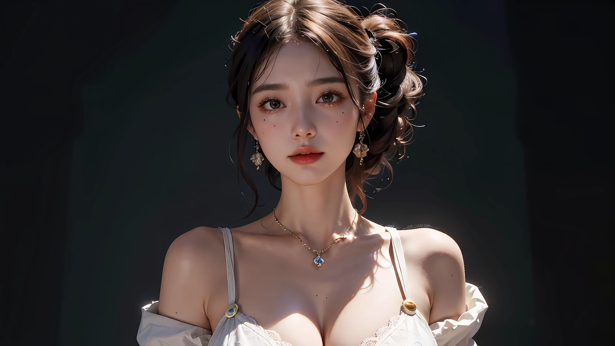 Wearing only one long shirt, (all buttons open: 1.1), big breasts, deep cleavage, best quality, masterpiece, illustration, very delicate and beautiful, very detailed, CG, unity, 8K wallpapers, amazing, fine detail, very detailed CG Unity 8K wallpapers, huge file size, very detailed, high resolution, handsome detail woman, very detailed eyes and face, wonderful detailed eyes, light on face,  (Best Illustration: 1.1), (Best Shadow: 1.1), Ultra High Resolution, (Photoreal: 1.1), (Photo Realistic: 1.2:1.1), Realistic Face Proportions, Slender, Smile, (Makeup: 0.4), (Fluffy Black Eyes: 1.21), Black Eyes, Looking at the Viewer, Dark Brown Hair, Earrings, Necklaces, Hairpins, Cowboy Shots, (Irregular Irregular Skin Imperfections, Veins, Skin Wrinkles Pores: 1.2), (Dark Night Background: 1.2), (Bokeh: 1.4),