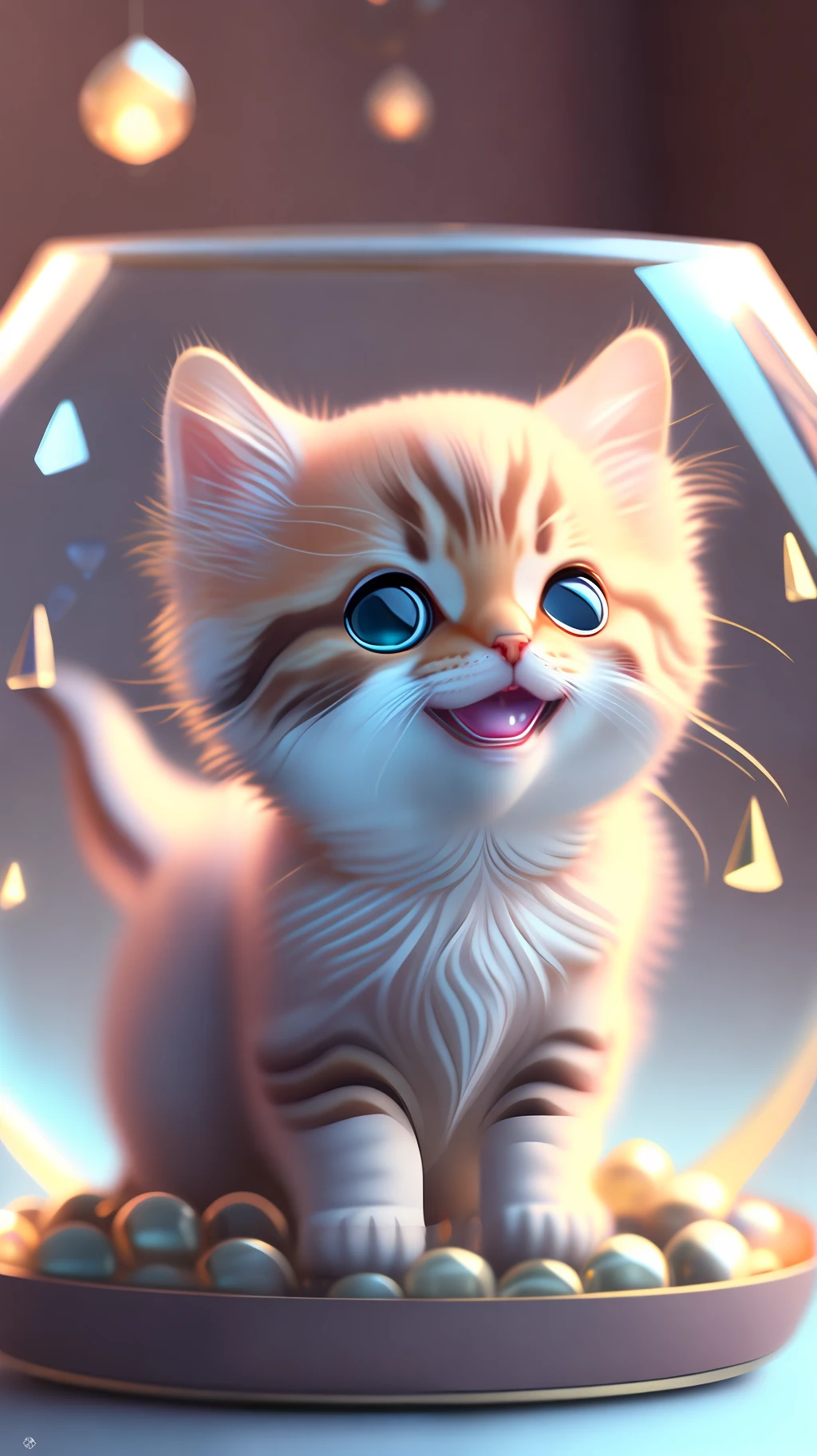 A cute kitten, made of a crystal ball, open mouth, laugh, Morandi color system, highly detailed complex concept art trend with low-poly eyes artstation 8k, laughing !!