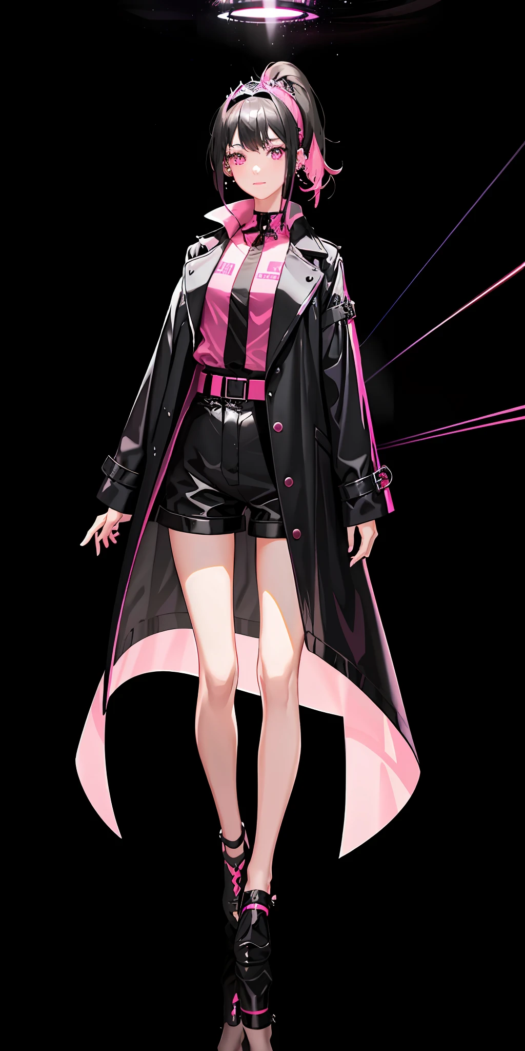 1girl, side light, light particles, wallpaper, a cybergirl black hair partial pink tiara single ear pink earrings black trench coat pink lining exposed shirt pink eyes single ponytail low ponytail smile full body like shorts apocalypse