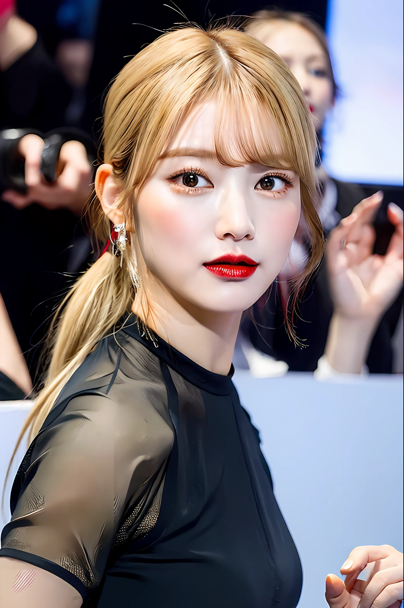 Japan woman, married woman, 45 years old, top quality, masterpiece, detailed background, very detailed, complex and detailed face, long eyelashes, detailed eyes, (adult female alone, standing: 1.1), (high ponytail: 1.3), (thigh thick: 1.0), (big: 1.3), (white background: 1.3),
(Solo: 1.3), (Red Eyes: 1.3), (Blonde and Black Mesh: 1.2), (Tousled Hair: 1.1), (Red Collar: 1.2), (Thick Lips, Pink Lips: 1.3), (Pink Eyeshadow: 1.2), (Moisturized Eyes), (Tied Full Body with Ropes: 1.3), Squatting on the Floor, Legs Open, Best Smile, Mouth wide open, Cheeks red, Blonde Dog Eating Crawling on all fours, full body