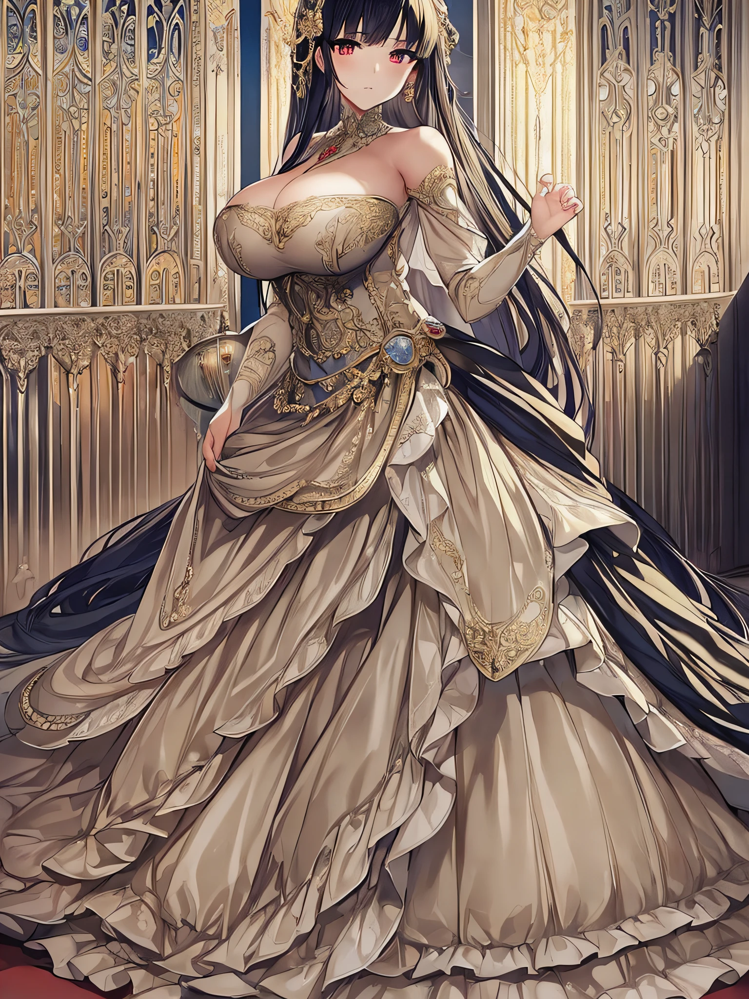 ((anime moe artstyle)),noble atmosphere,(Masterpiece), (Best Quality), (Super Detail),Illustration,(Very Delicate and Beautiful),Dynamic Angle,Looking at viewer,(((Solo))),((Full body)),(((1 gorgeous noble princess in ball gown with a voluminous skirt))),jewel-like eyes,(Very Long Hair),gorgeous embroidery and lace,See-through,ornate ruffles,(gigantic breasts,Huge breasts,Bulging breasts,Long breasts),(gorgeous ball gown with a voluminous skirt),