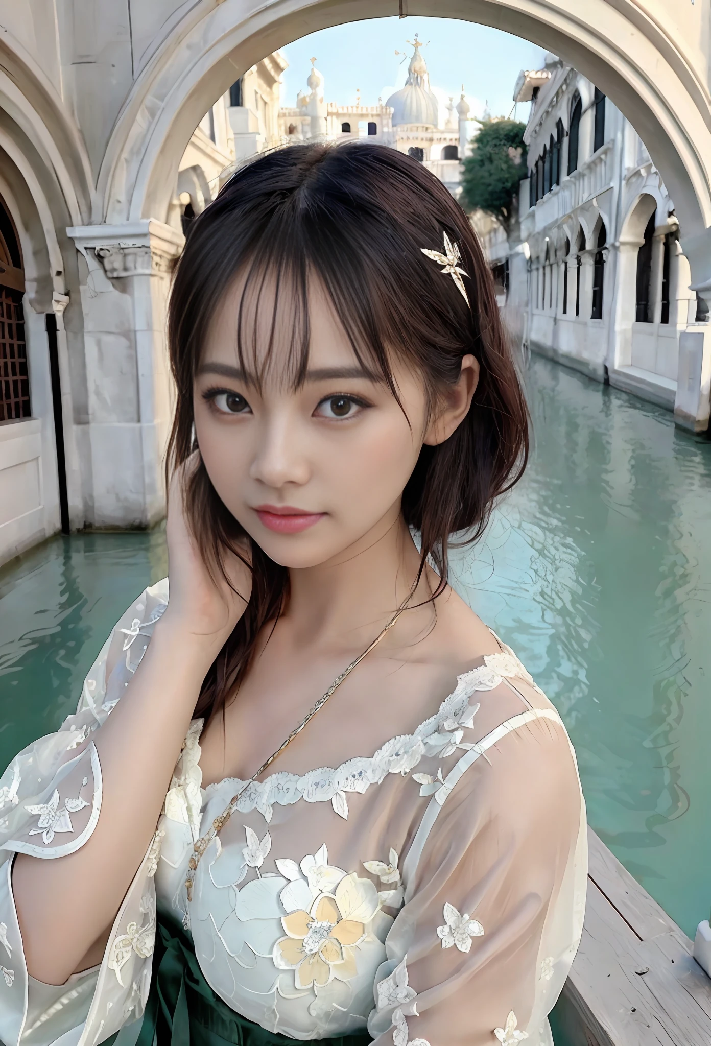 modelshoot style, (extremely detailed CG unity 8k wallpaper), full shot body photo of the most beautiful artwork in the world, stunningly beautiful photo realistic cute women, a hyper realistic ultra detailed photograph of a beautiful girl as a female 2020s dancer on the boat of 2020s Venice,(Bridge Of Sighs background),(princess eyes,shiny pupils), detailed symmetric beautiful hazel eyes, detailed gorgeous face,highly detailed, vibrant,professional majestic oil painting by Ed Blinkey, Atey Ghailan, Studio Ghibli, by Jeremy Mann, Greg Manchess, Antonio Moro, trending on ArtStation, trending on CGSociety, Intricate, High Detail, Sharp focus, dramatic, photorealistic painting art by midjourney and greg rutkowski