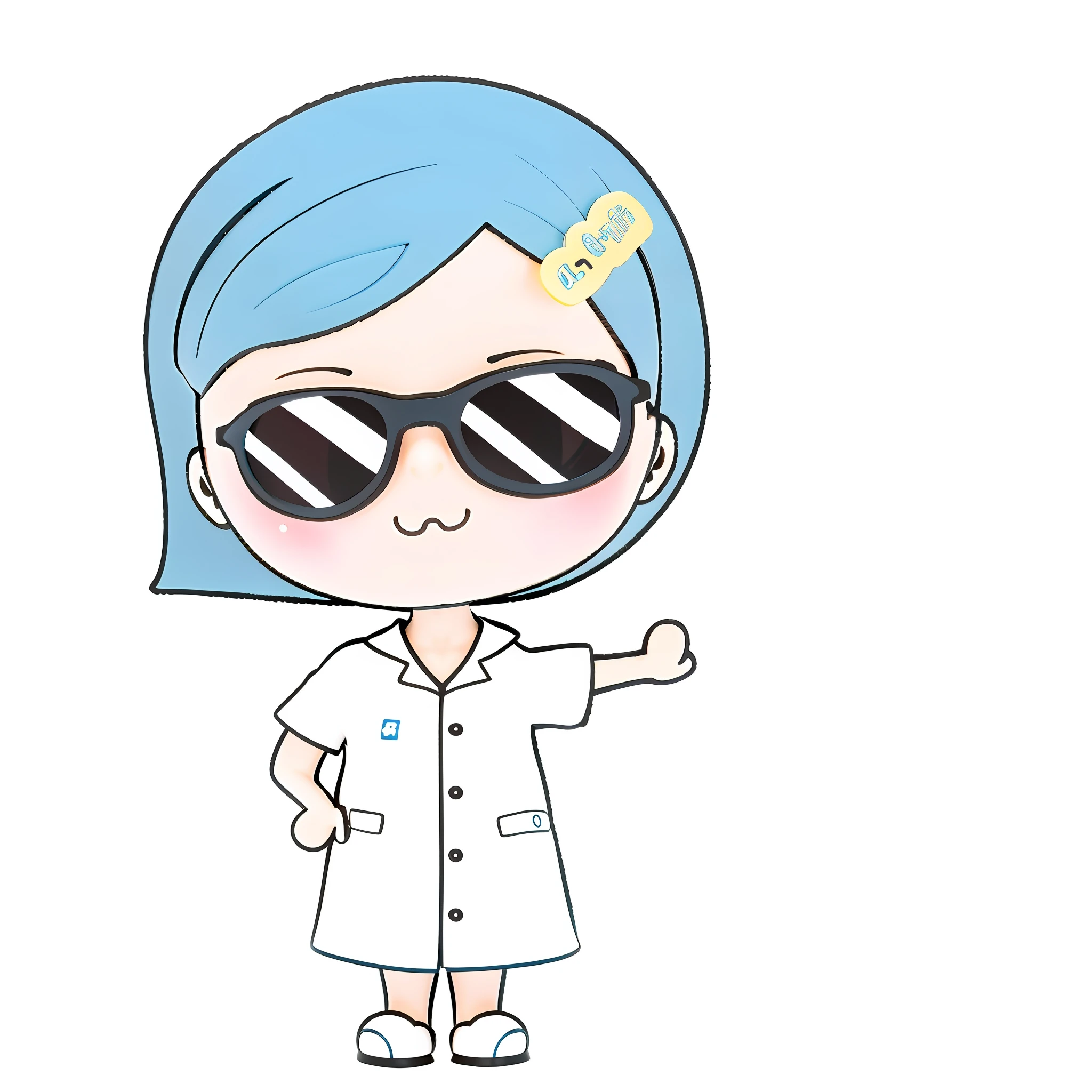 A girl, cute squinting smile,, blue eyes, with sunglasses, right hand Biye, left hand crossed waist, blue hair, short hair, no headdress, white doctor white coat clothes, (beautiful detail eyes), (beautiful detail face), (Clean background: 1.1), bright, background, Disney style, fine gloss, dreamy, cute, pop-mart lp, high detail, super high quality, bright colors, real model blind box toy, 3D rendering, oc rendering, c4d, best quality, 8k, bright, headlight, face shot, fine gloss, super detox, (full body: 1.3) --auto --s2