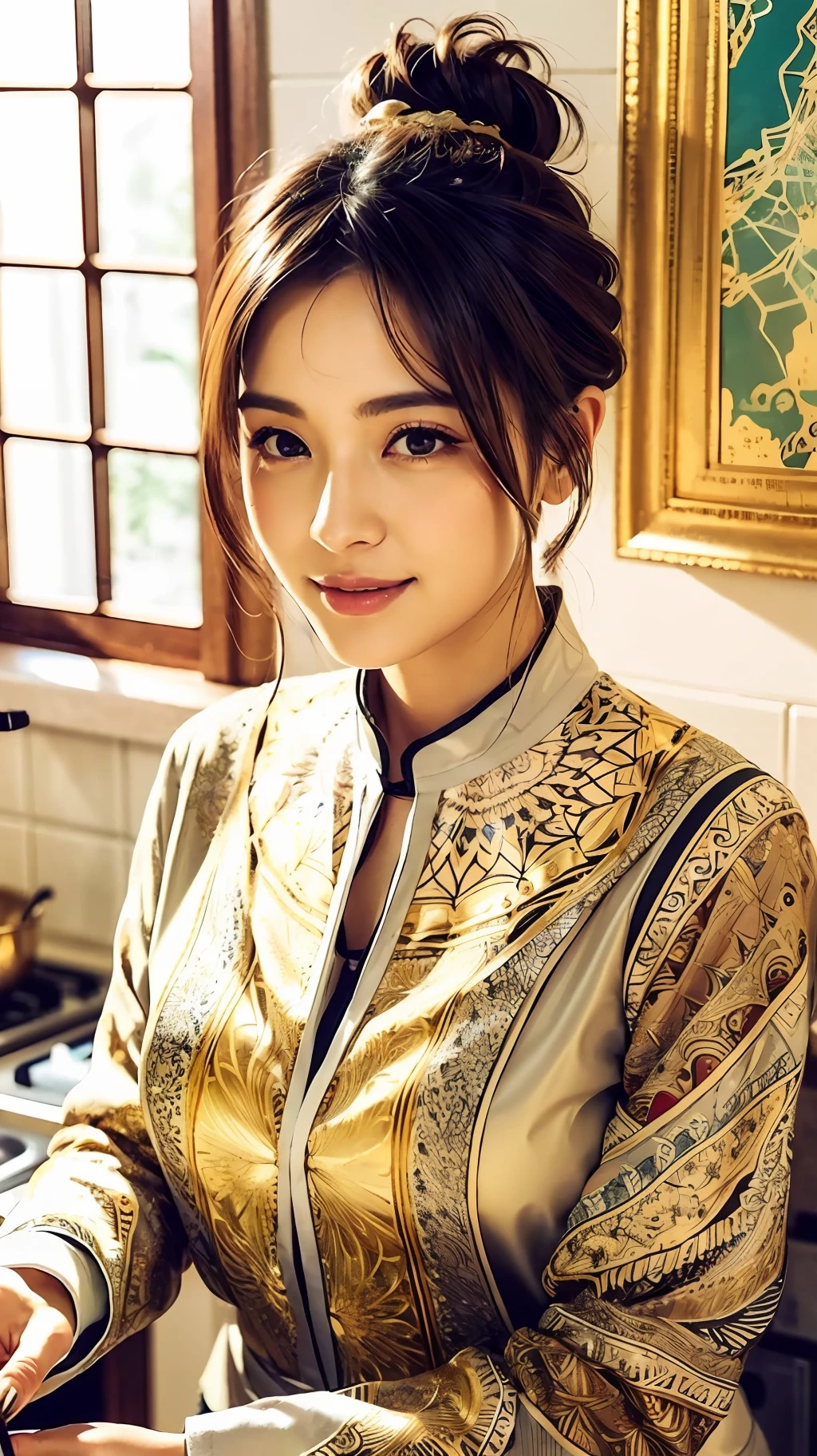 A gentle and considerate woman cooking in the kitchen, wearing a bib, hair tied up, double eyelids, beautiful gentle smile, (masterpiece, top quality, best quality, official art, beauty and aesthetic: 1.2), (1girl), extremely detailed, colorful, highest detailed, official art, unified 8k wallpaper, super detailed, beautiful and aesthetic, beautiful, masterpiece, best quality, (zentangle, mandala, tangled, entangled), holy light, gold leaf, gold leaf art, glitter map, PerfectNwsjMajic