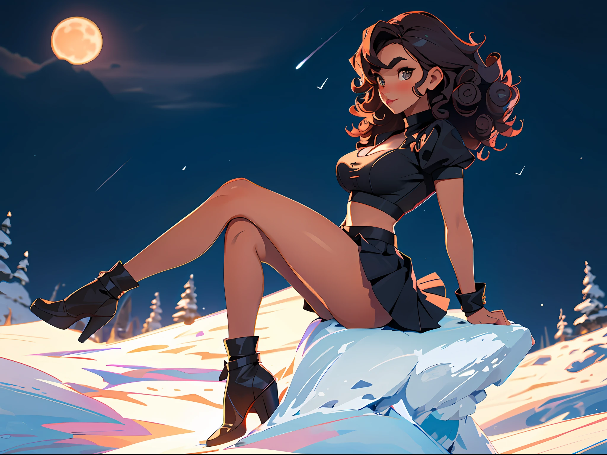 (masterpiece, best quality), sexy girl, huge breasts, very short skirt, seductive sexy pose, panties view, curly hair, posing on a moonlit mountain peak.