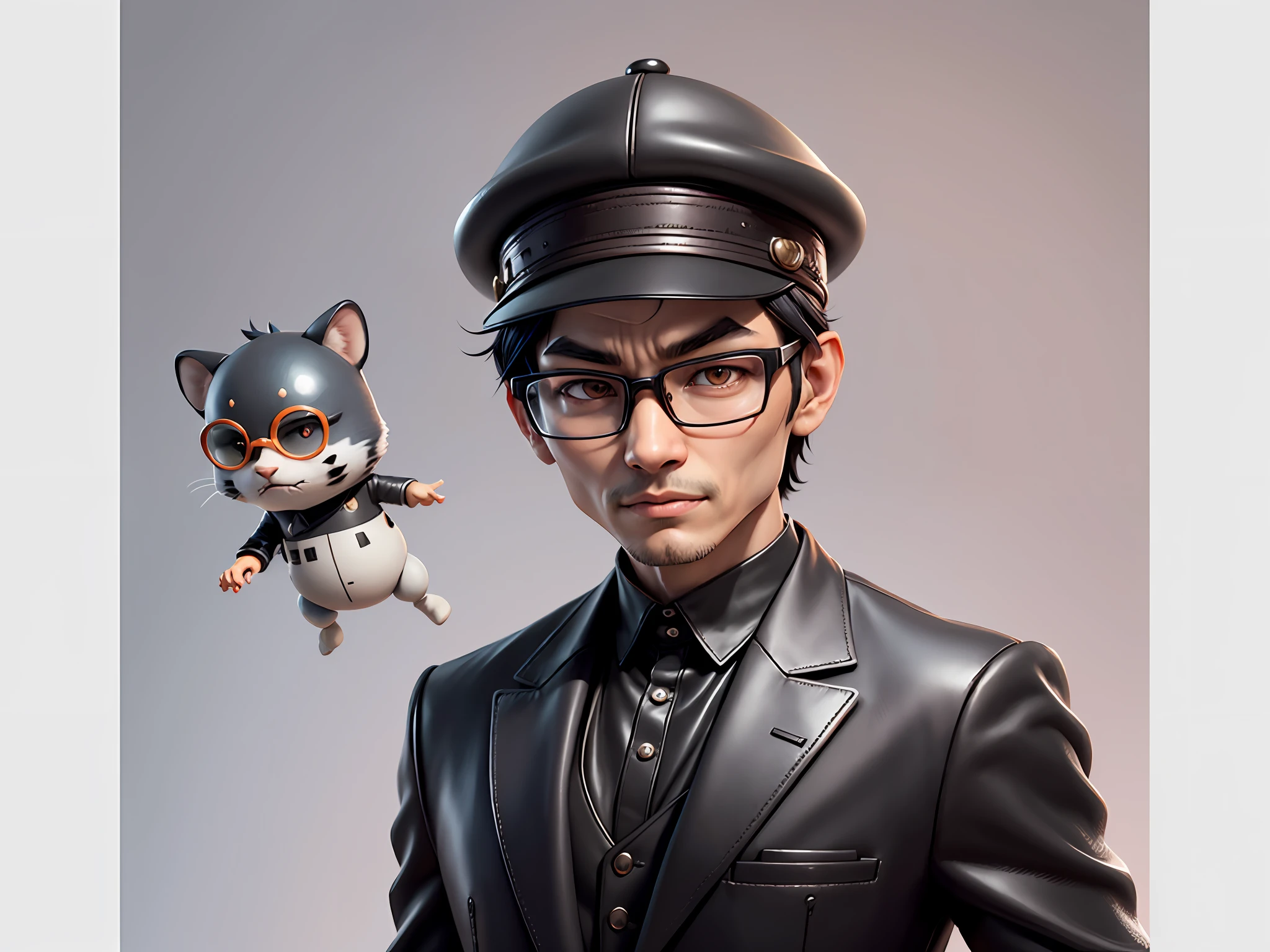 Young man with oriental face in leather hat, tiger, oriental face in formal suit, short black hair, silver glasses, digital painting, 3D character design by Mark Clairedon and Pixar and Hayao Miyazaki and Akira Toriyama, the illustration is a high-definition illustration in 4K resolution with very detailed facial features and cartoon-style visuals.