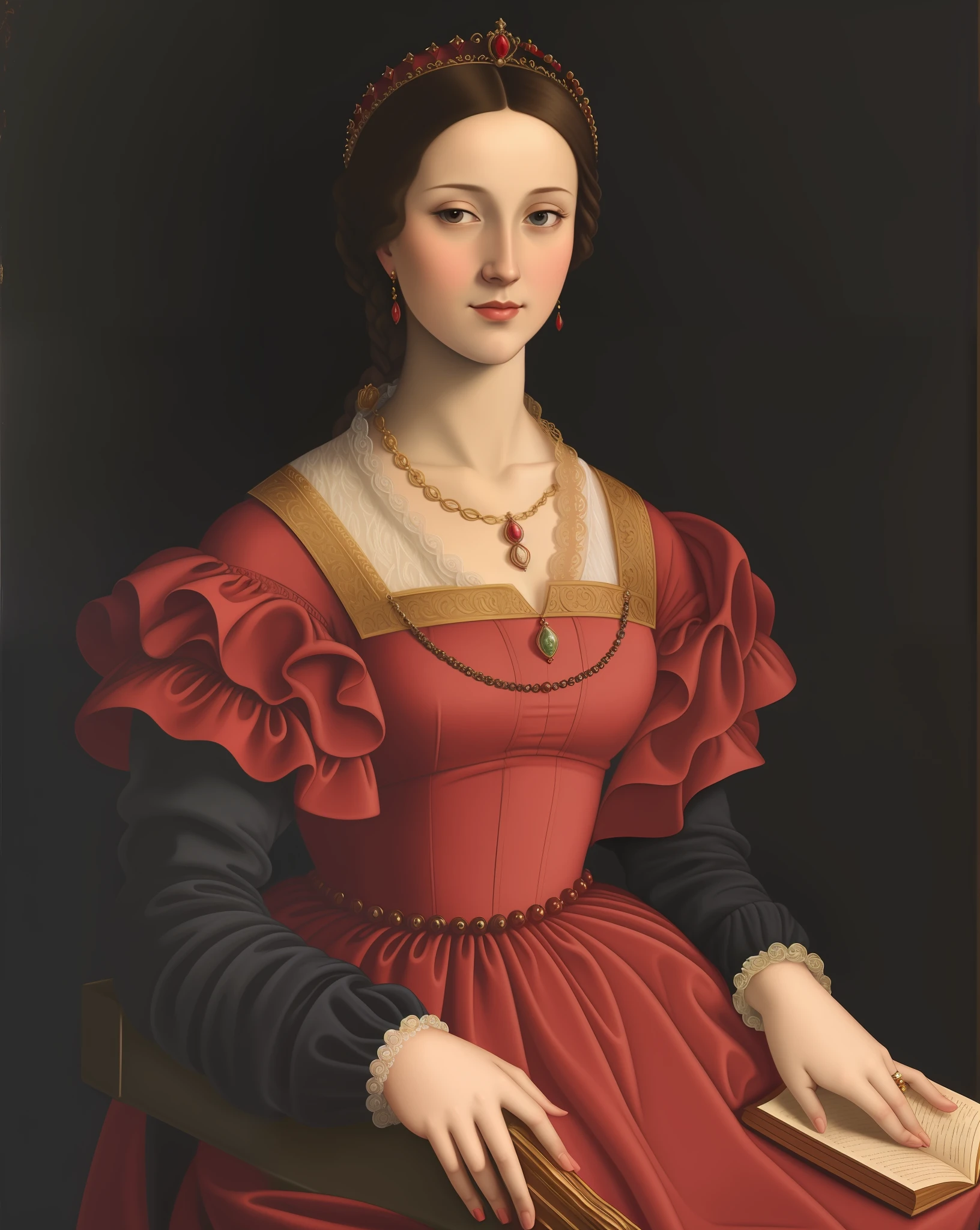 arafed portrait of a woman in a red dress holding a book, inspired by Agnolo Bronzino, in a high renaissance style, inspired by Ridolfo Ghirlandaio, in a renaissance style, in renaissance style, renaissance portrait, portrait of a young empress, inspired by Maria Oriana Galli Bibiena, portrait of lady maria