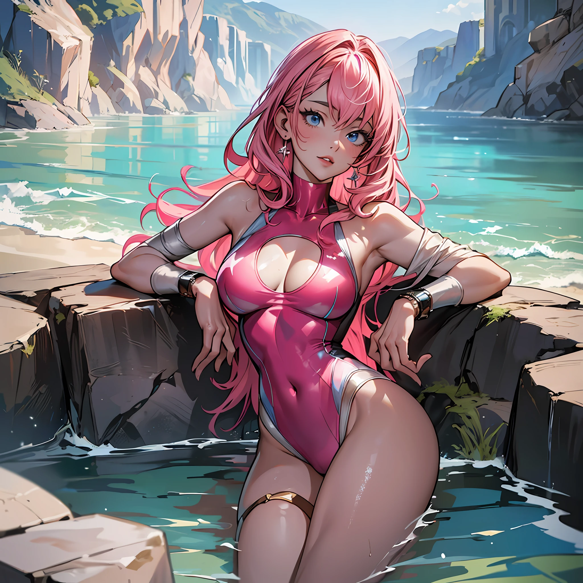 (8k), (best quality), (masterpiece: 1.2), (realistic), (photorealistic: 1.37), super detailed, one girl, viewer is watching, full body, 25 years old, pink hair, leotard swimsuit