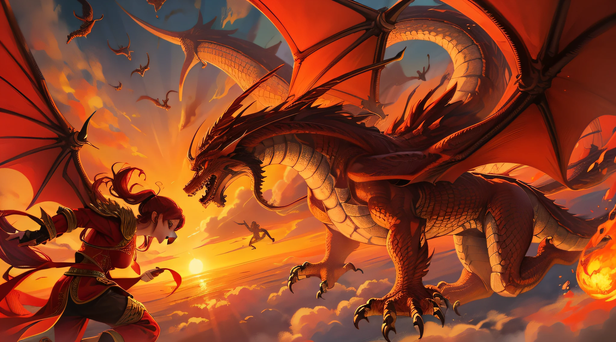 there is a dragon that is flying through the air, d&d commision art dragon, epic dragon, dragon art, fire dragon, big red dragon flying above them, colossal dragon as background, ''dragon breathing fire, by Yang J, red dragon, dragons, wyvern, battle with dragon, drogon, legendary dragon, anthro dragon art, draconic