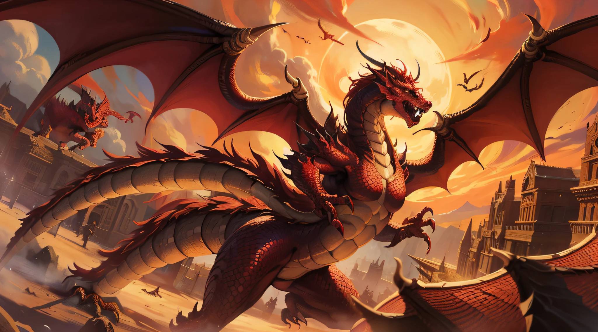 there is a dragon that is flying through the air, d&d commision art dragon, epic dragon, dragon art, fire dragon, big red dragon flying above them, colossal dragon as background, ''dragon breathing fire, by Yang J, red dragon, dragons, wyvern, battle with dragon, drogon, legendary dragon, anthro dragon art, draconic