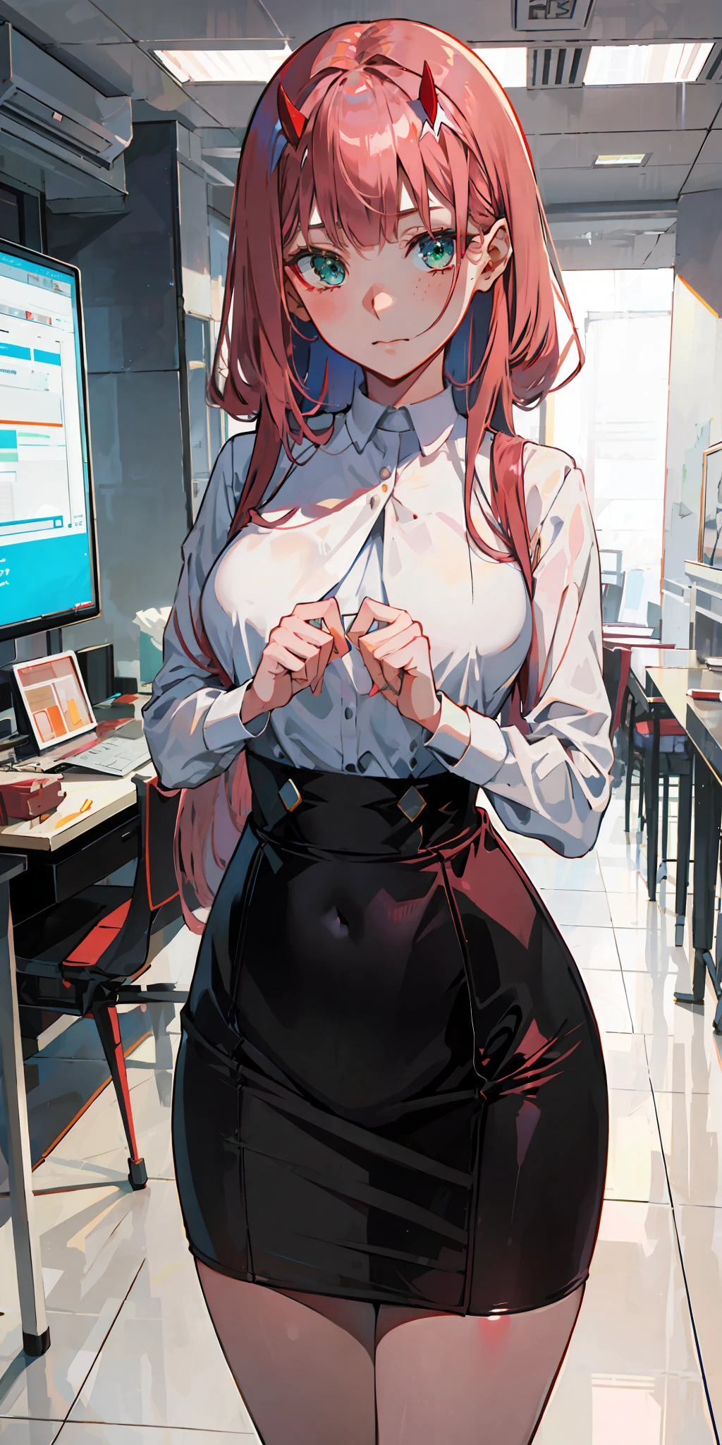 zero two \(darling in franxx\), darling in franxx, 1girl, bangs, bite, shadow, long hair, small breasts, green eyes, big thighs, white shirt, makeup, shy, blushing, pair of small red horns, pink hair, red eyeshadow, skin, solo