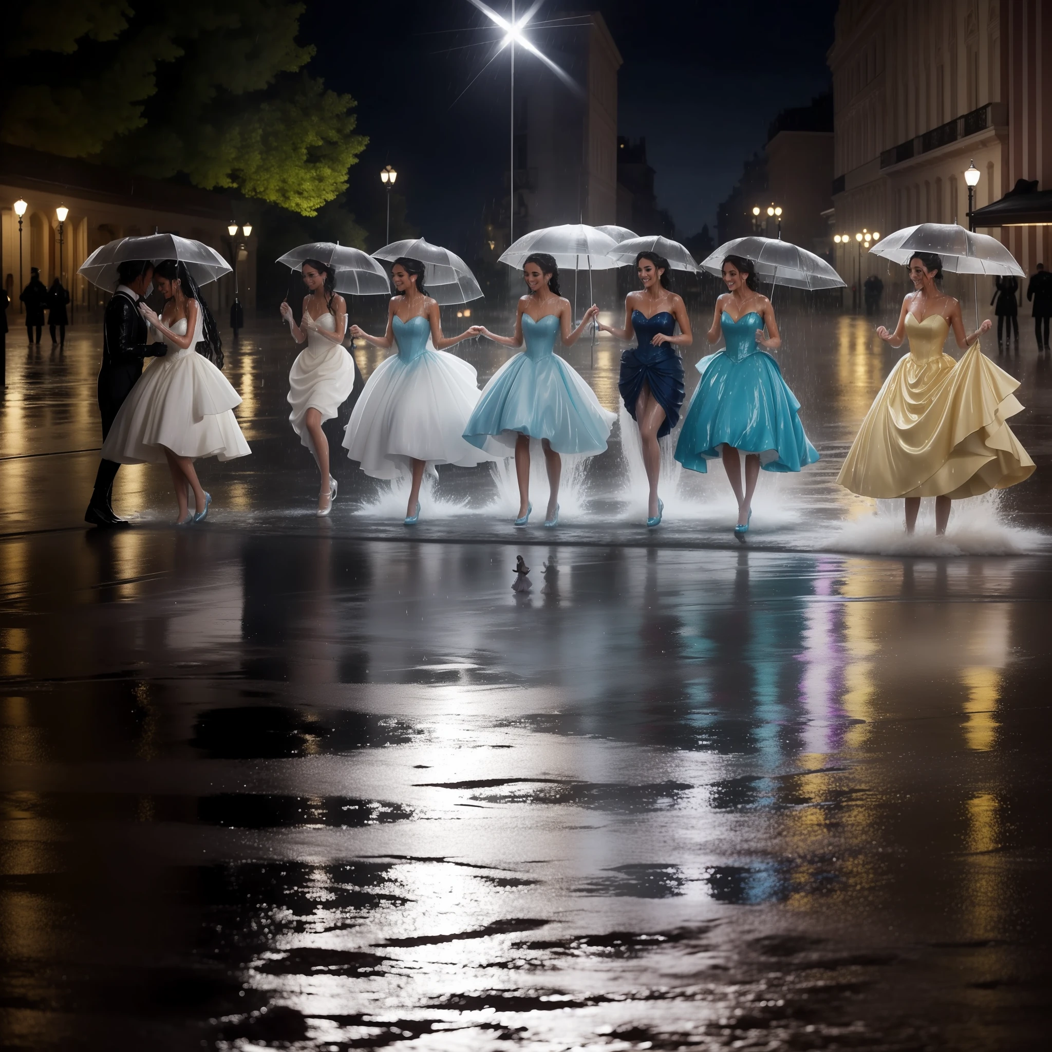 a group of beautiful princesses, dressed for a royal ball (ballgowns, long gloves, tiaras), dancing in the street at night in the rain, splashing in puddles, wet hair, wet dresses (((drenched))) (((soaked))) (((dishevelled))) (((clinging)))
