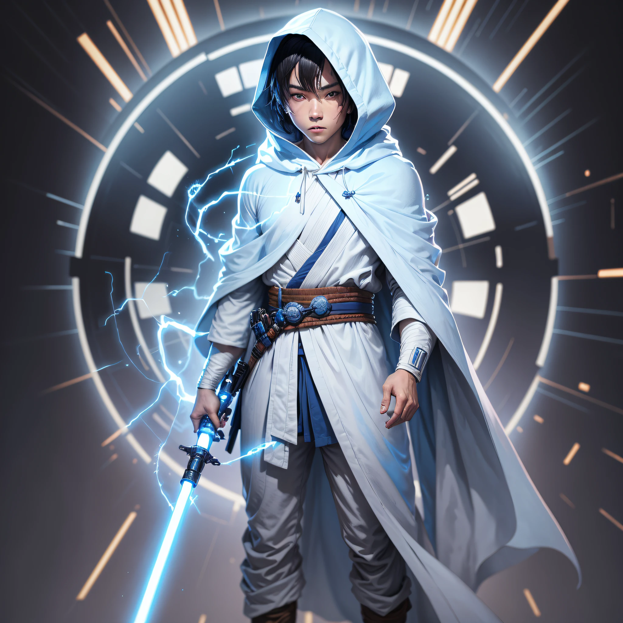 jedi man in training, blue lightsaber, full body, wearing white hooded clothing, beautiful thin face black open eyes, short brown hair, nervous, nervous smile, ukiyo-e, cinematic lighting, photomosaic, super detail, high quality, 4K --auto --s2