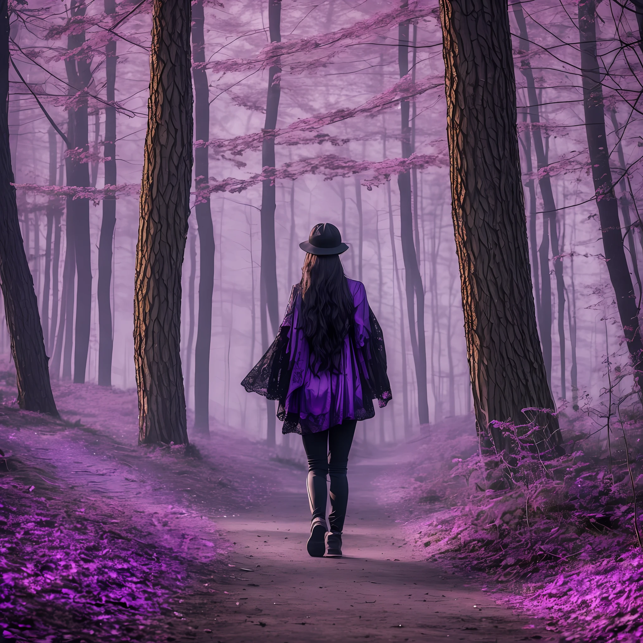 NIGHT, woman walking on her back on a trail inside a black foil, night, with fog and shadows, wavy and long black hair, high quality, ultra-detailed, 8k, masterpiece, (volumetric lighting), black magic, fanciful, lilac colors, purple, shadows and vivids around the woman. --auto --s2
