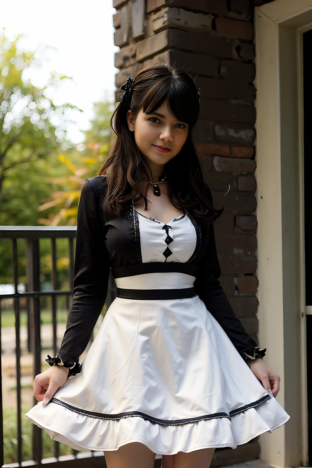 Mature woman, smiling, cute, cityscape, daytime, bluish, moist, professional lighting, photon mapping, a white, silk blue dress and boots on a balck background, yellow cut dress, lolita dress, classical witch robe, gothic clothing,