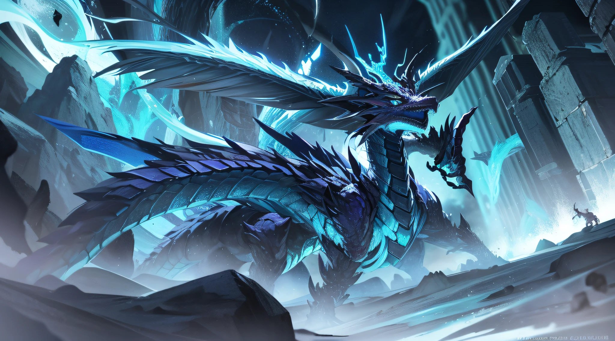 There is a dragon with a blue and black body and wings, Frost Dragon, Storm Dragon, Crystal Dragon, Scar Dragon, Dragon King, Epic Dragon, Cyborg Dragon Portrait, Legendary Dragon, Blue Scale Dragon, Full Body Dragon Concept, Black Dragon, Scary Sharp Icy Cold, Stern Design, Demon Black Blue-Purple, Bardas Dragon, Arduin, Dark and Terrible City