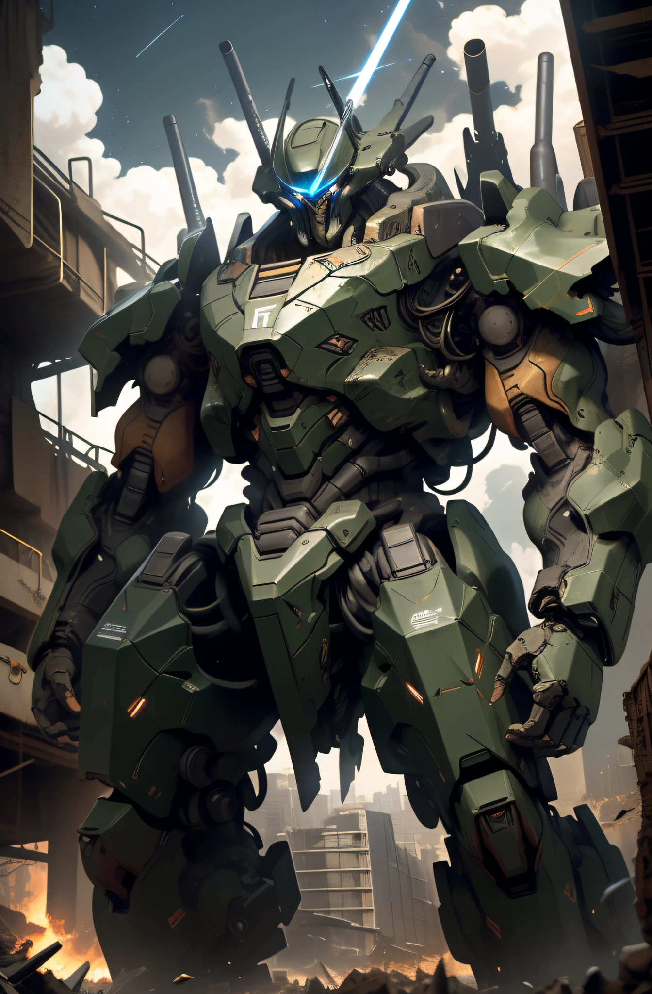 Masterpiece, best quality, giant mech, no humans, black armor, blue eyes, science fiction, fire, laser cannon beam, war, conflict, destroyed building background, (night), darkness, no light, starry sky