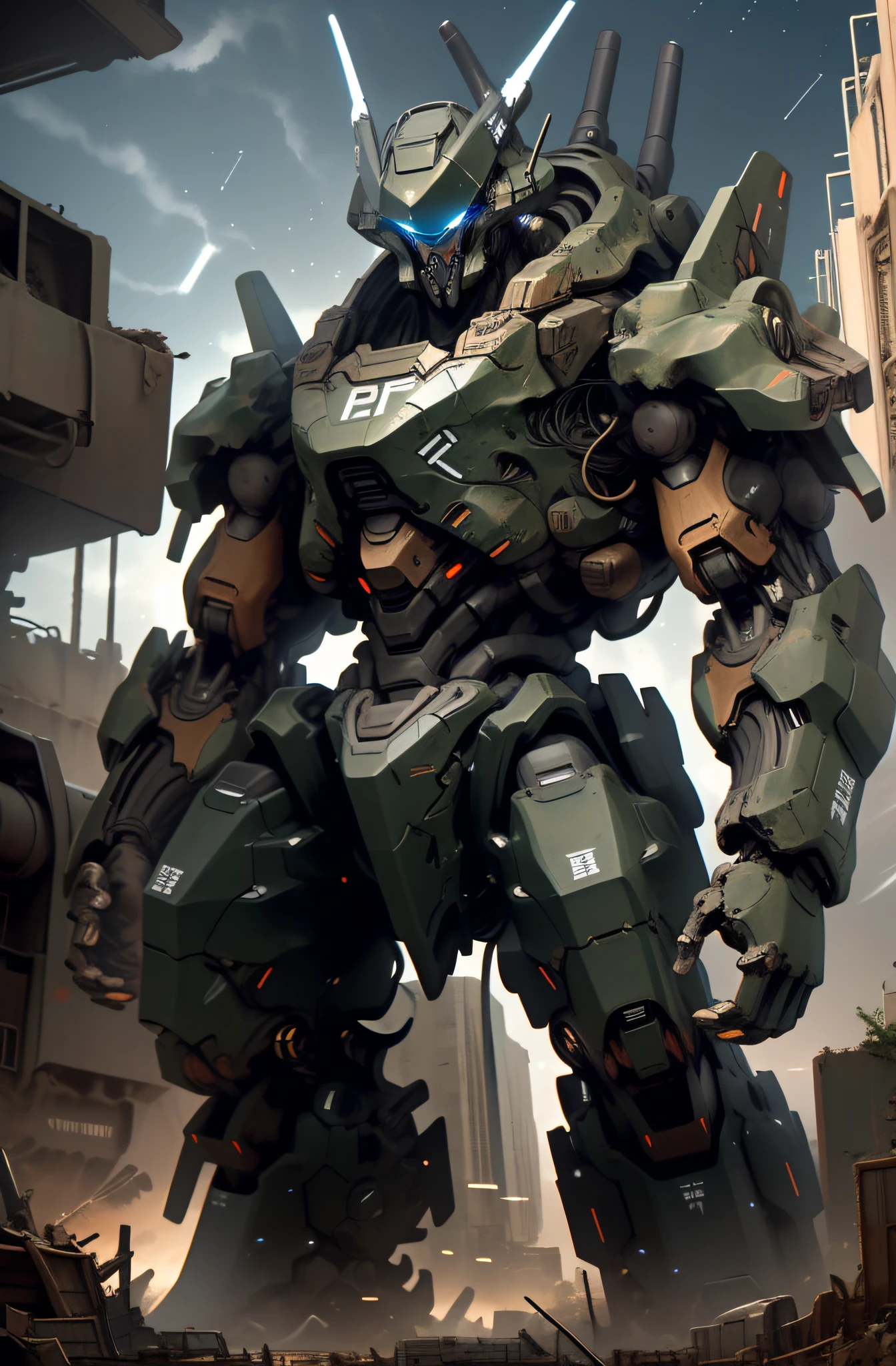 Masterpiece, best quality, giant mech, no humans, black armor, blue eyes, science fiction, fire, laser cannon beam, war, conflict, destroyed building background, (night), darkness, no light, starry sky