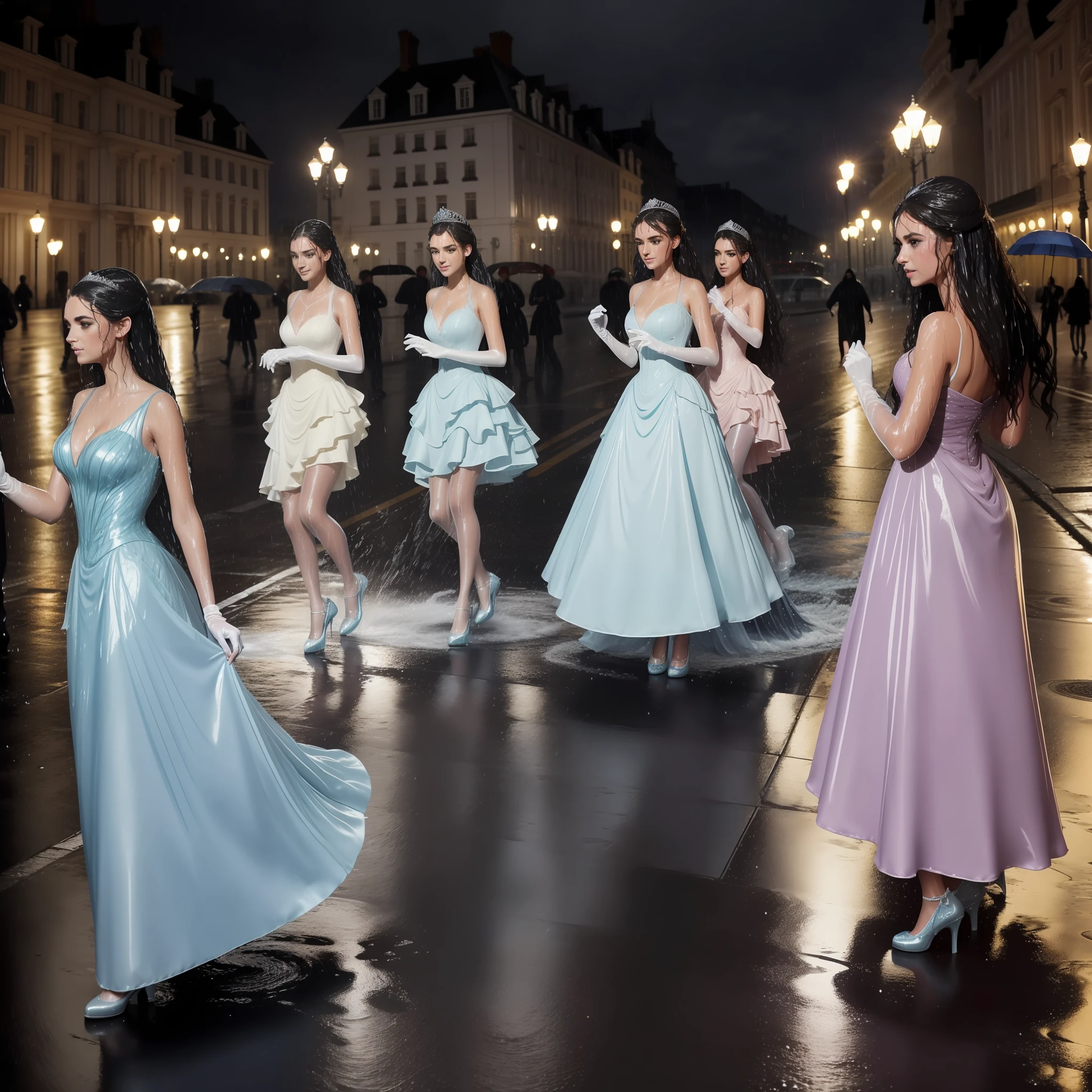 a group of beautiful princesses, dressed for a royal ball (ballgowns, long gloves, tiaras), dancing in the street at night in the rain, wet hair, wet dresses (((drenched))) (((soaked))) (((dishevelled))) (((clinging)))