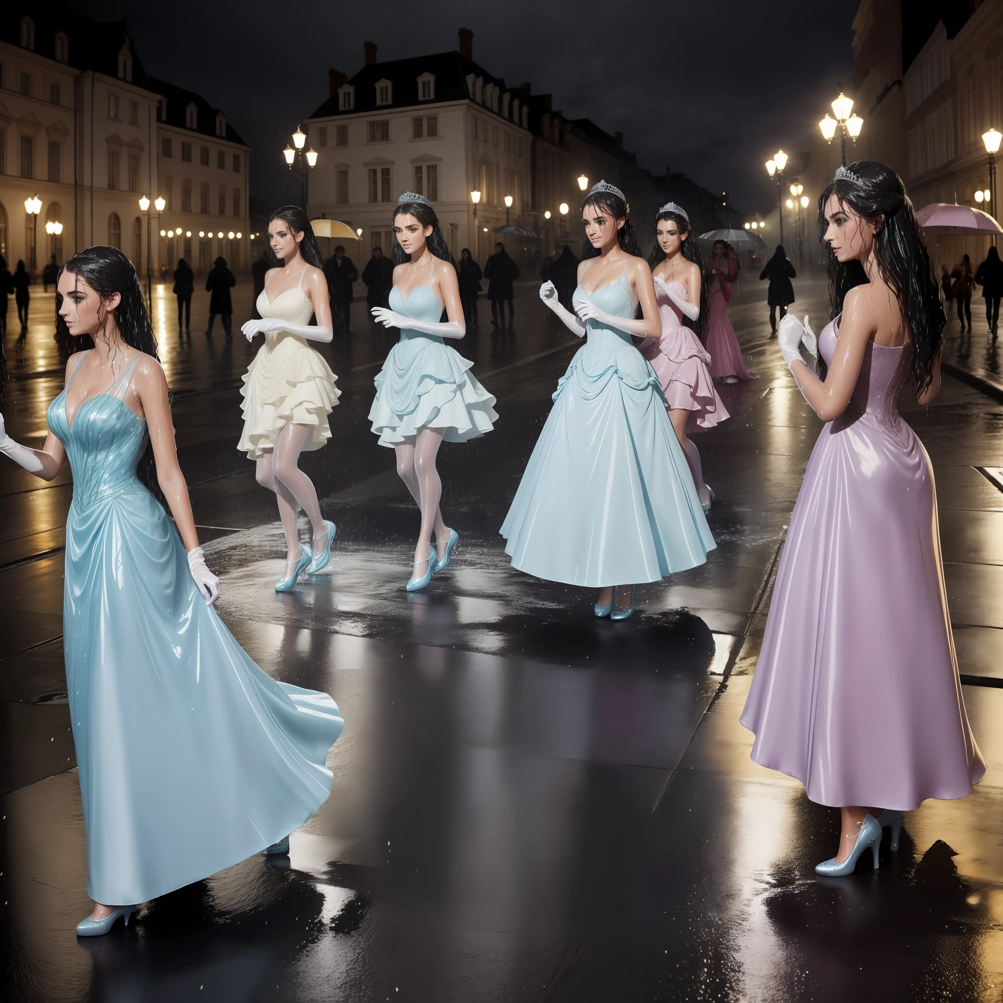 a group of beautiful princesses, dressed for a royal ball (ballgowns, long gloves, tiaras), dancing in the street at night in the rain, wet hair, wet dresses (((drenched))) (((soaked))) (((dishevelled))) (((clinging)))