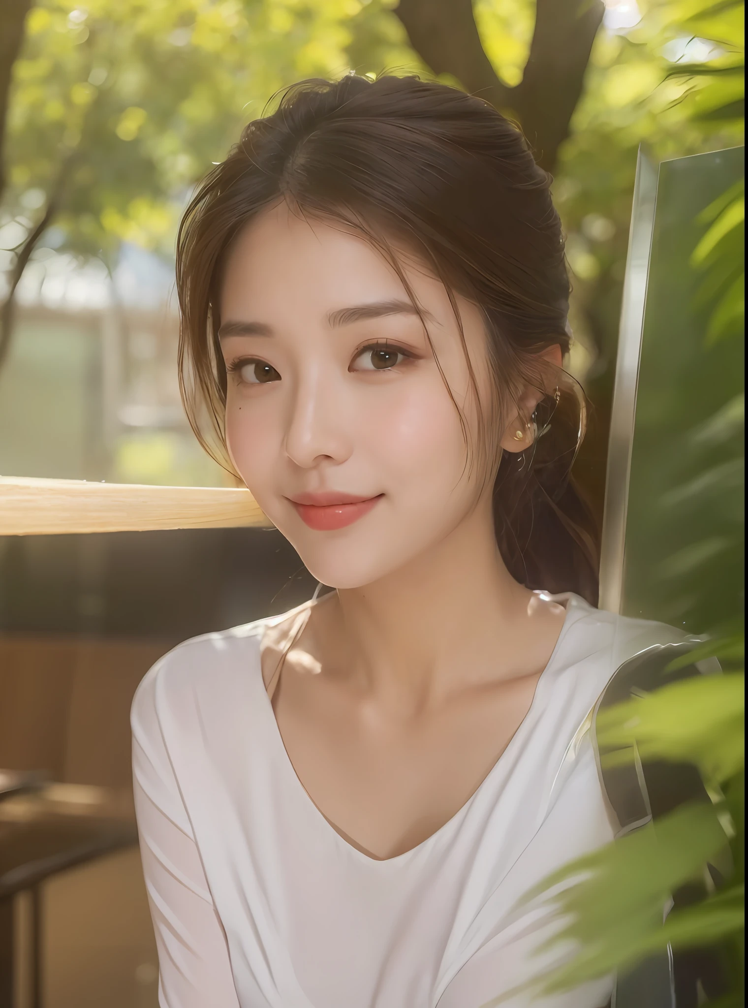 ((Best Quality, 8K, Masterpiece: 1.3)), Upper Body (1.3), Colossal (5), Outstanding Style, Gentle Face, Parallel Eyebrows, Smile, Natural Makeup, Clothes that emphasize cleavage, Refreshing, Eat lunch at a café in the sun through the trees in the city