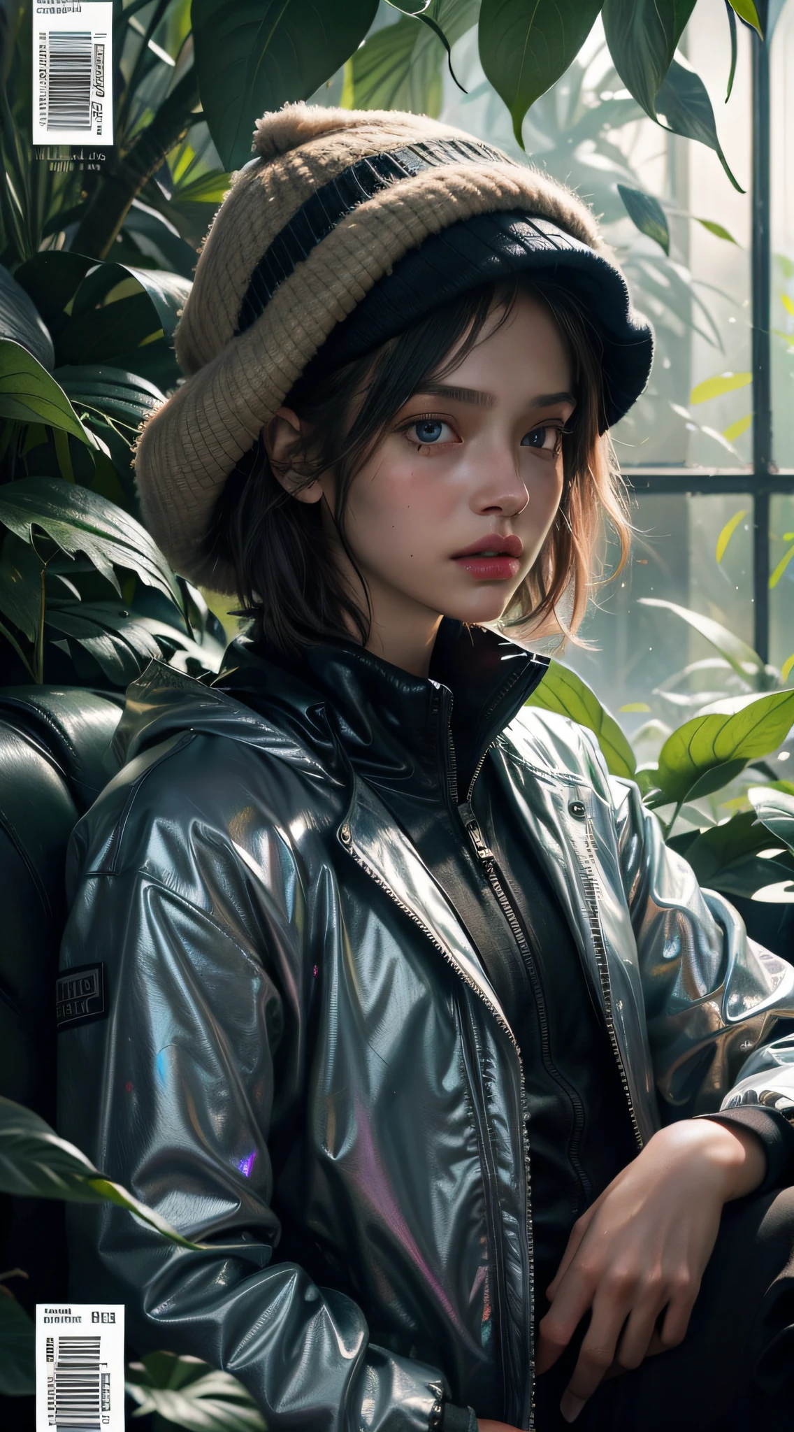 Magazine cover, David Hockney, Ellen Jewett, Enki Bilal, (1girl with techwear clothes) (sparkling and realistic eyes) wide-angle, Acidwave, Biophilic design, Action painting