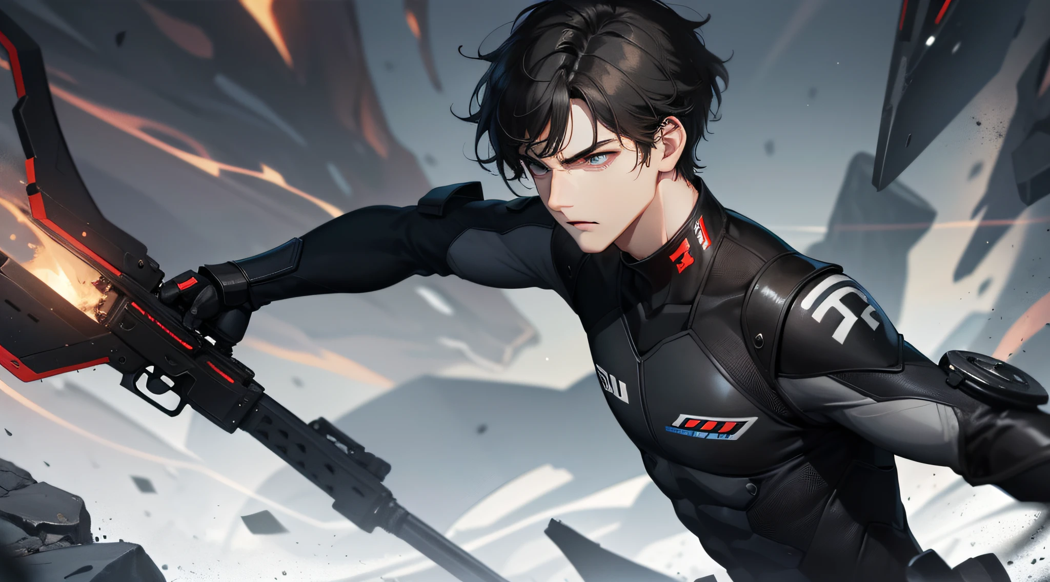 A young man with upper body, straight face, a serious face, eyes full of killing intent, short black hair, black storm suit