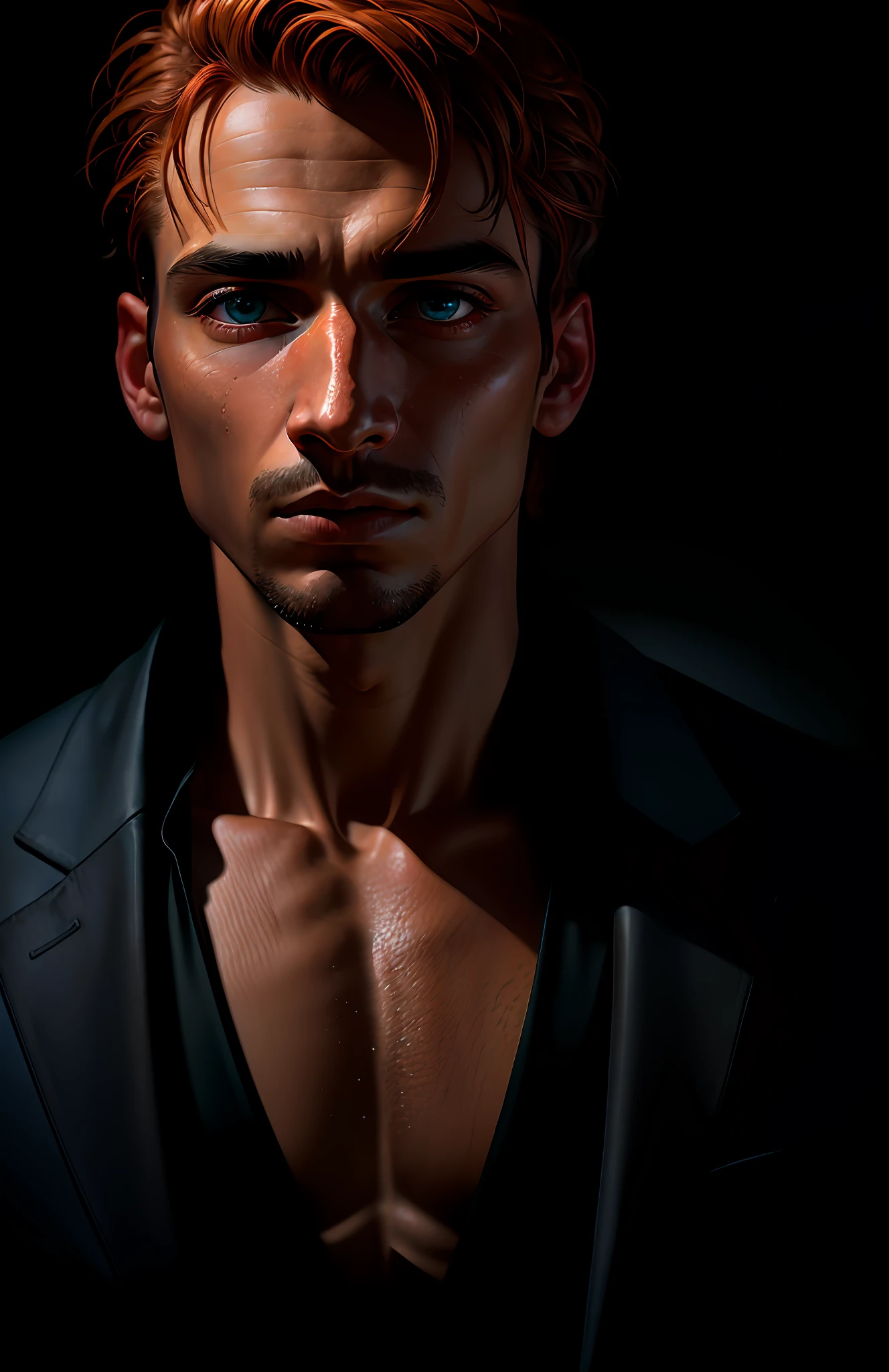 masterpiece, high quality, solo focus, young guy, bright eyes, lustrous skin, red hair, highly detailed eyes, perfect and highly detailed face, highly detailed eyes, wearing a black suit, in an elegant model pose, upper body, back light, facing the viewer, by lee jeffries nikon d850 film stock photography 4 kodak portra 400 camera f1.6 lens rich colors hyper realistic texture dramatic lighting unreal engine trend in the artstation cinestill 800