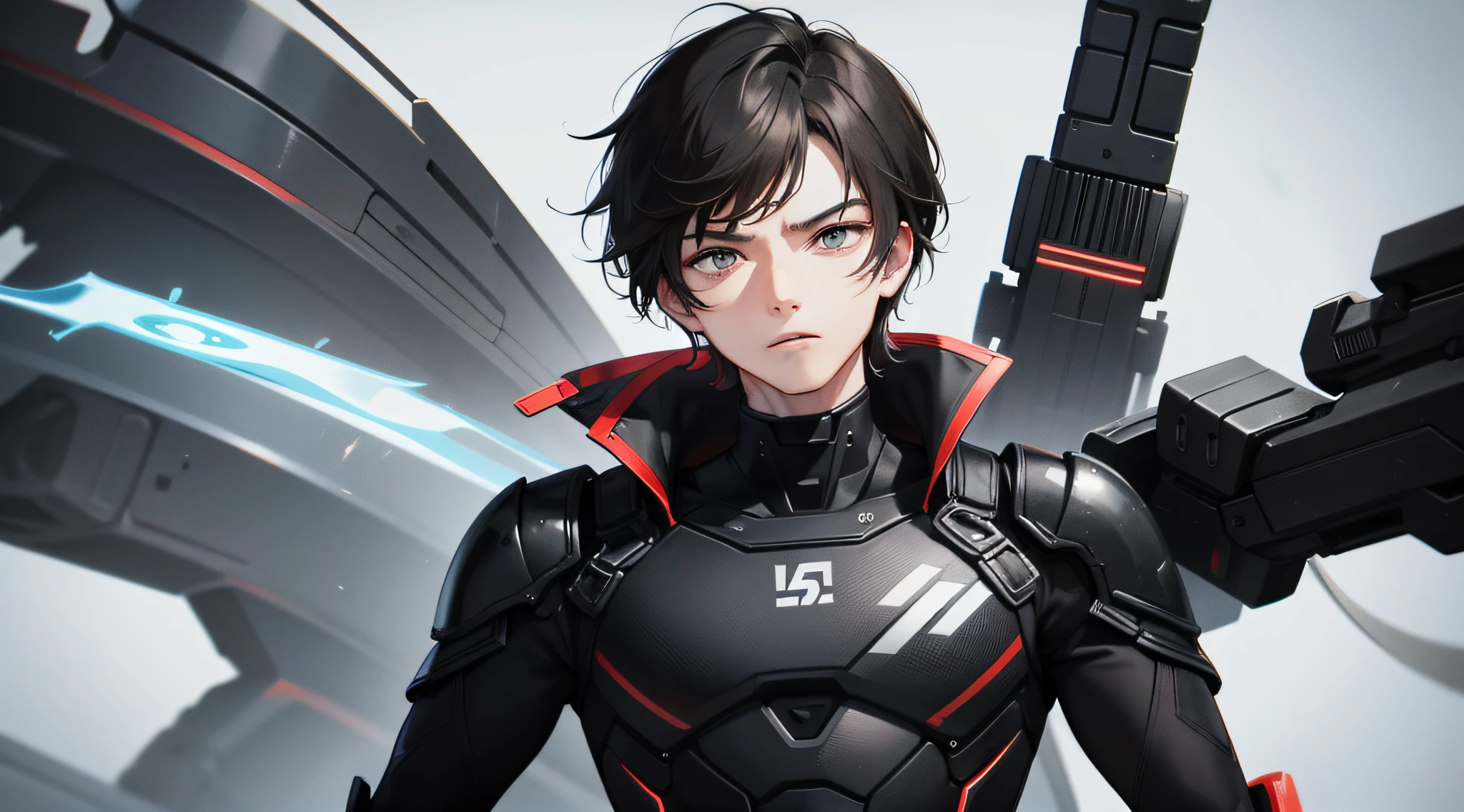 A young man with upper body, straight face, a serious face, eyes full of killing intent, short black hair, black storm suit