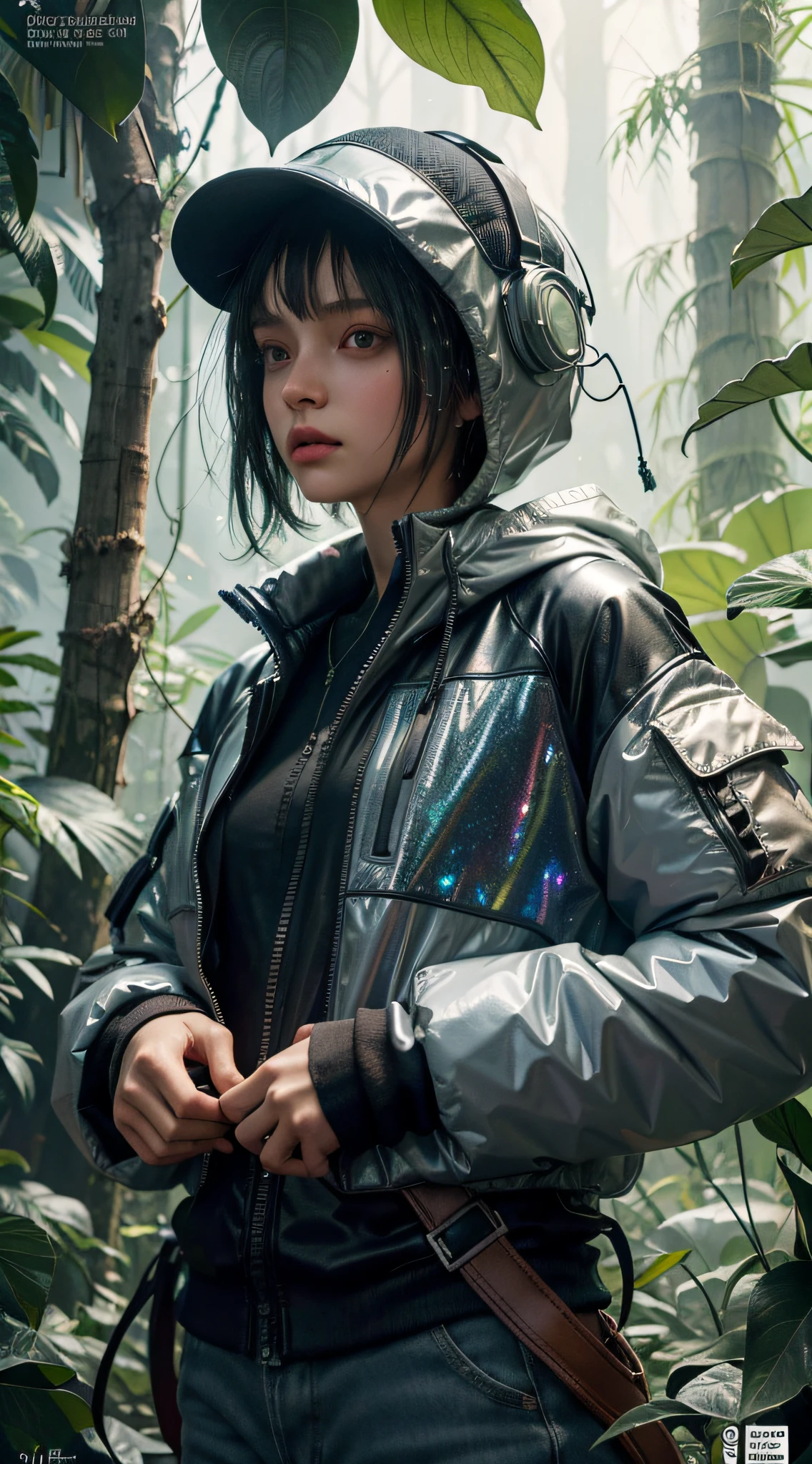 Magazine cover, David Hockney, Ellen Jewett, Enki Bilal, (1girl with techwear clothes) (sparkling and realistic eyes) wide-angle, Acidwave, Biophilic design, Action painting