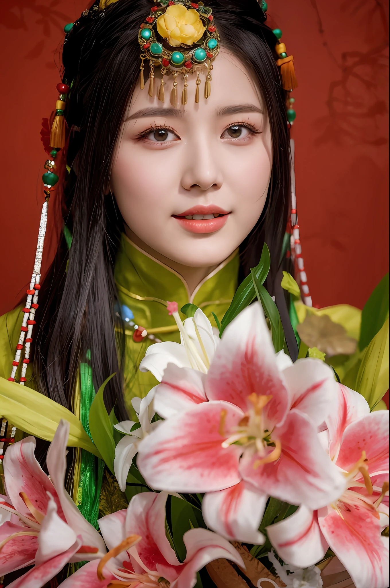 Arad woman in green dress holding a bouquet of flowers, Chinese woman, Chinese Traditional, Chinese girl, inspired by Huang Ji, inspired by Jinnong, Hanfu, inspired by Dai Xi, palace, Hanfu girl, Chinese style, Chinese princess, Chinese queen, inspired by Wu Bin, inspired by Lan Ying, inspired by Wang Meng, golden