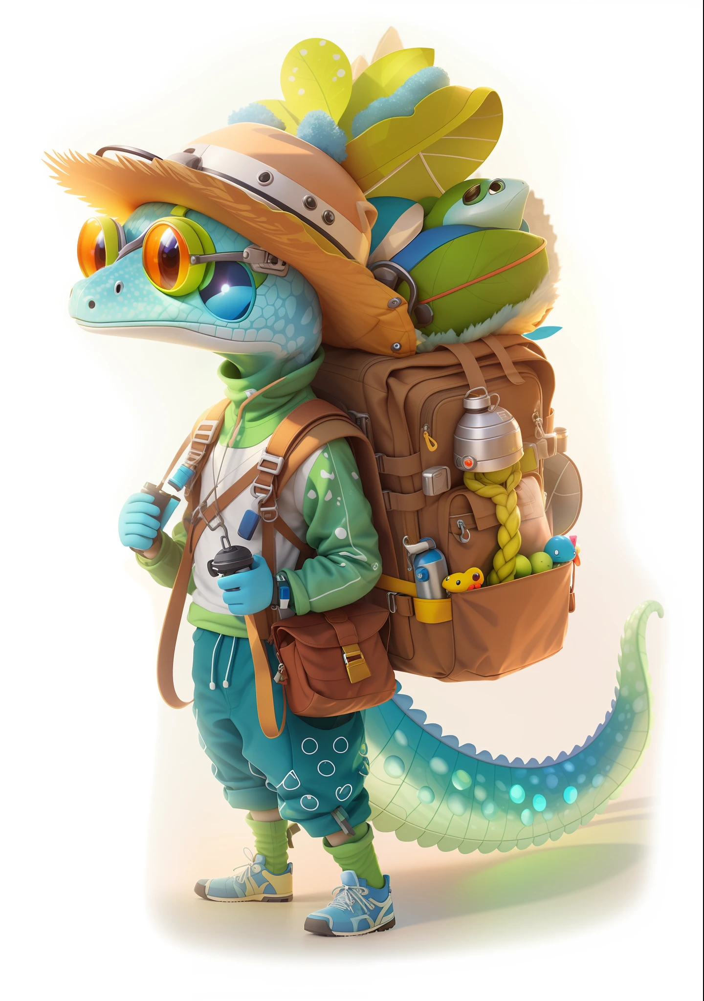 A cool chameleon cartoon IP character, hibi, cute, 3D, natural light, minimized, dripping, behance, with flying goggles on his head, berets, carrying a huge hiking bag containing all kinds of necessary mountaineering equipment and toys, matching ropes and straps at the wrist, adventure element style,