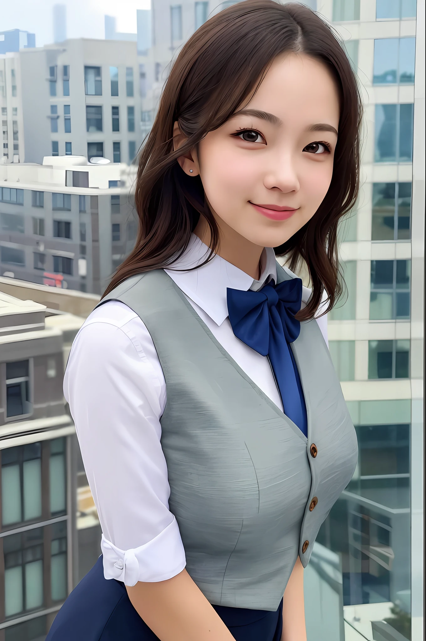 1girl, matured female, vest, bow, photo, realistic, best quality, hires, detailed face, office, buildings from window, detailed background, diffused sunlight, depth of field, bokeh