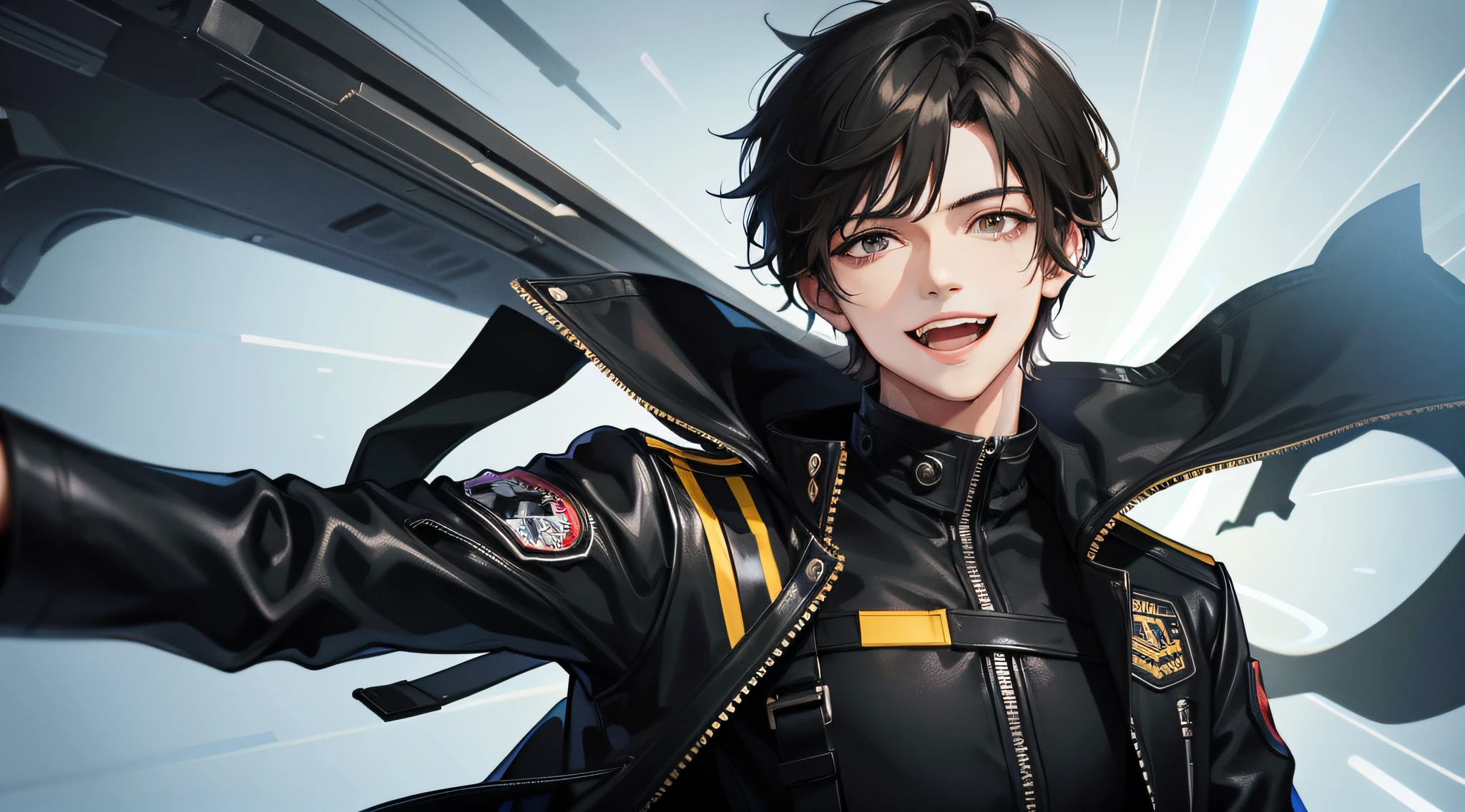 A young man with upper body, straight face, laughing loudly, short black hair, black storm jacket