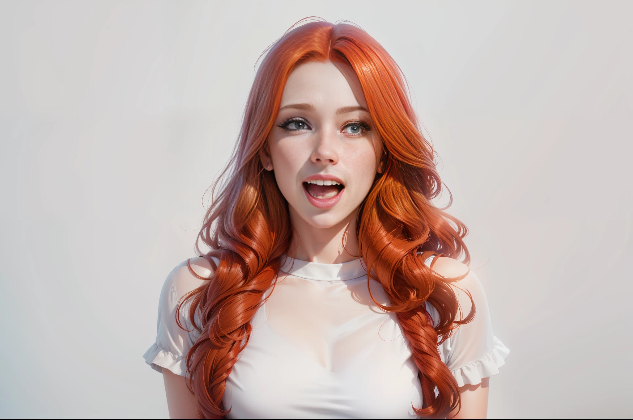Beautiful young, wow, wow reaction, surprise, surprise, redhead, cheerful, joy, good surprise, girl, photorealism, photorealistic, ultra hd, 4k, detailed textures