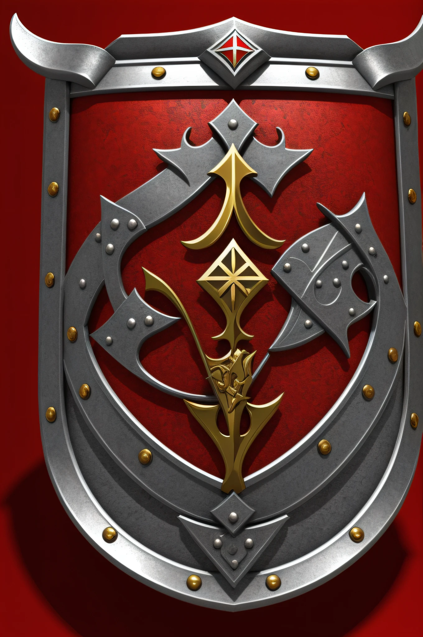 Medieval shield with red, gold and black details, two crossed silver swords
