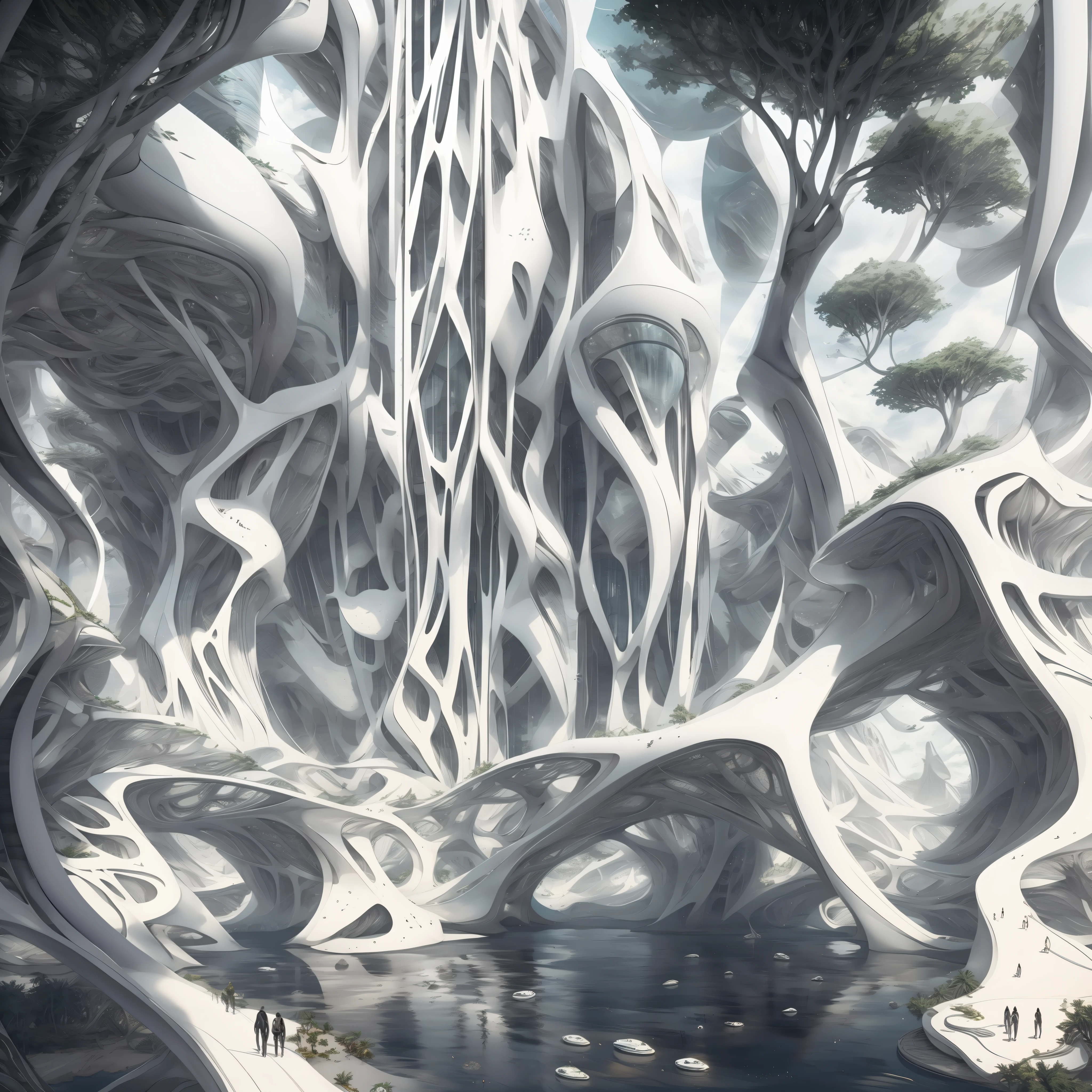 Airbrush drawing --v 5.1 style Futuristic design of an awesome sunny day environment concept art on a futuristic terrain with huge waterfalls,streams, mangroves,nature architecture, proportional,detailed,bright clouds, nature meets futuristic architecture by Santiago Calatrava and Vincent Callebaut with futuristic development, high rise made up staircases, balconies, full of composite glass facades, residential spaces carved from cliff side ,trending on artstation, beautiful lighting,In the style , fantasy, intricate, award winning, 4k, highest quality
