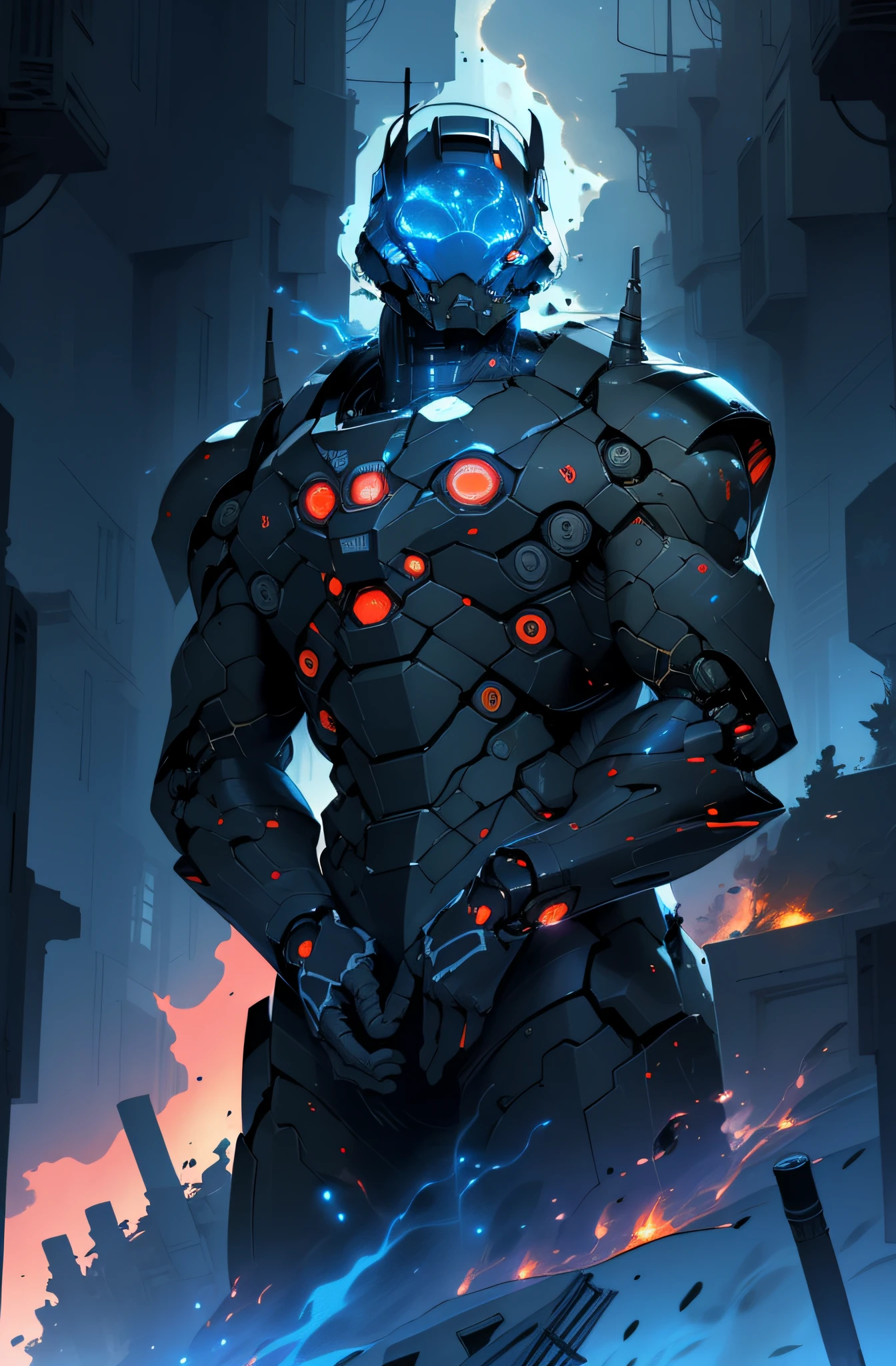 Masterpiece, best quality, giant mech, no humans, black armor, blue eyes, science fiction, fire, laser cannon beam, war, conflict, destroyed building background, (night), darkness, no light, starry sky