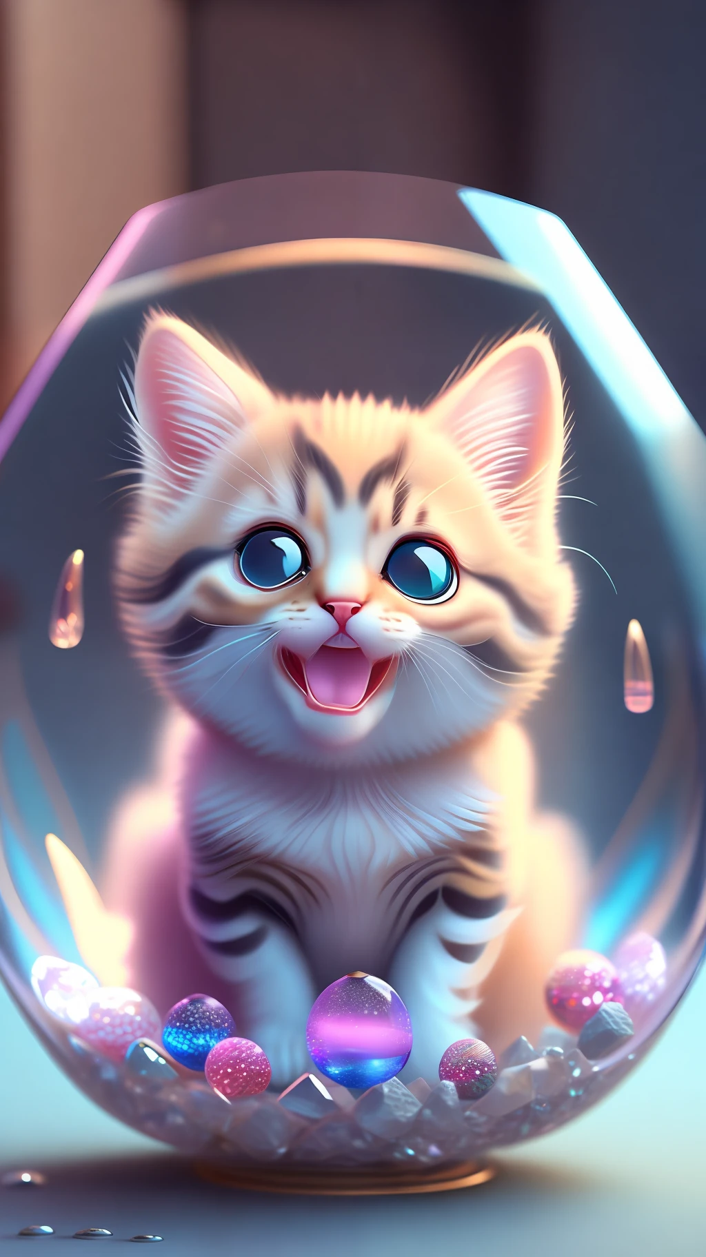 A cute kitten, made of a crystal ball, open mouth, laugh, Morandi color system, highly detailed complex concept art trend with low-poly eyes artstation 8k, laughing !!