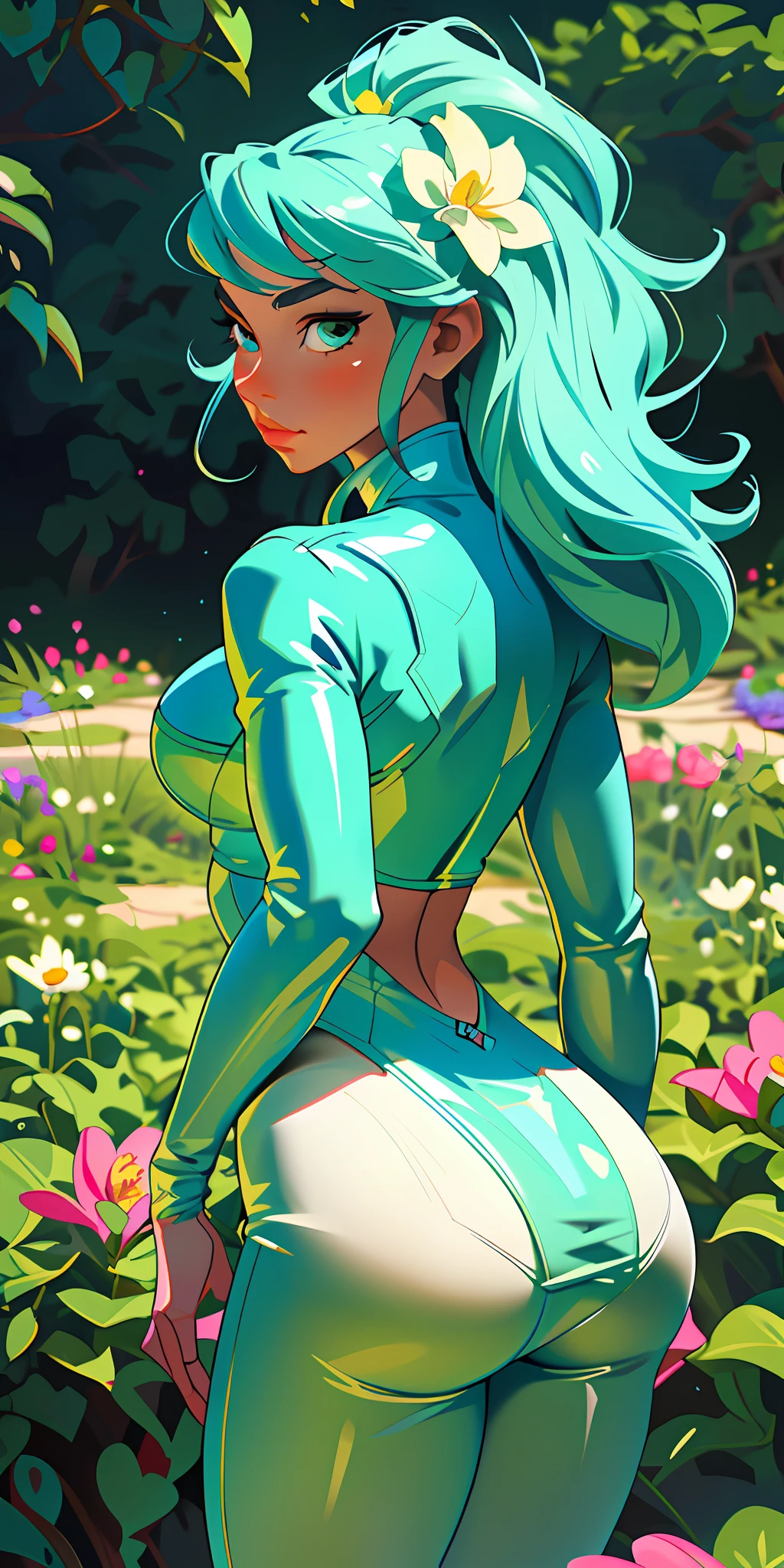 (masterpiece, best quality), a nymph-like sexy model, wearing tight lingerie, huge ass, ass view, outline, posing amidst vibrant flowers in a hidden garden,