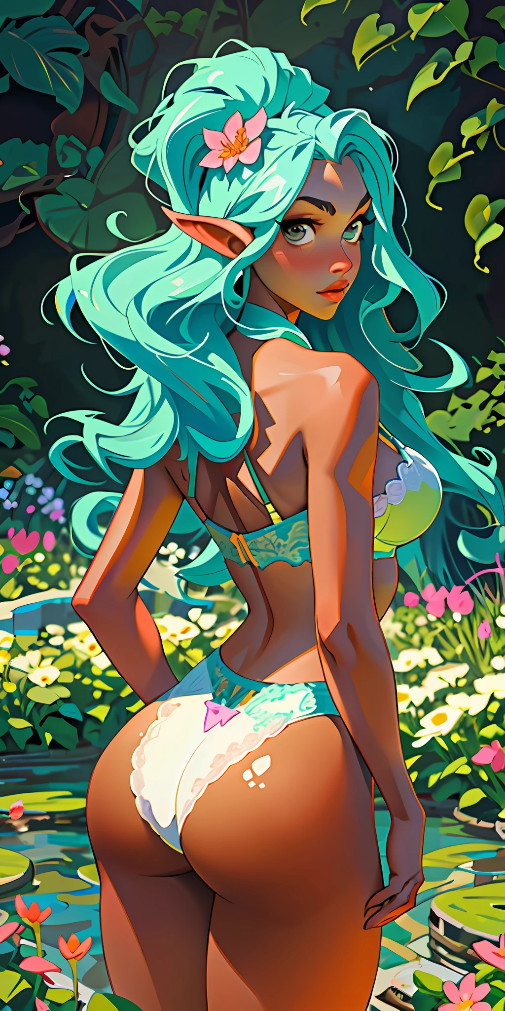 (masterpiece, best quality), a nymph-like sexy model, wearing tight lingerie, huge ass, ass view, outline, posing amidst vibrant flowers in a hidden garden,