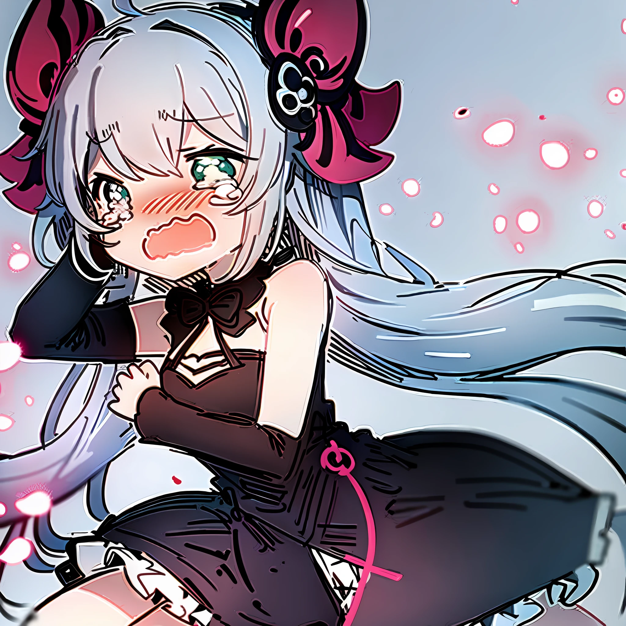 chibi, sketch, 1 girl, sobbing, sad, crying, open mouth, rem_rezero, 2d, white background, white hair