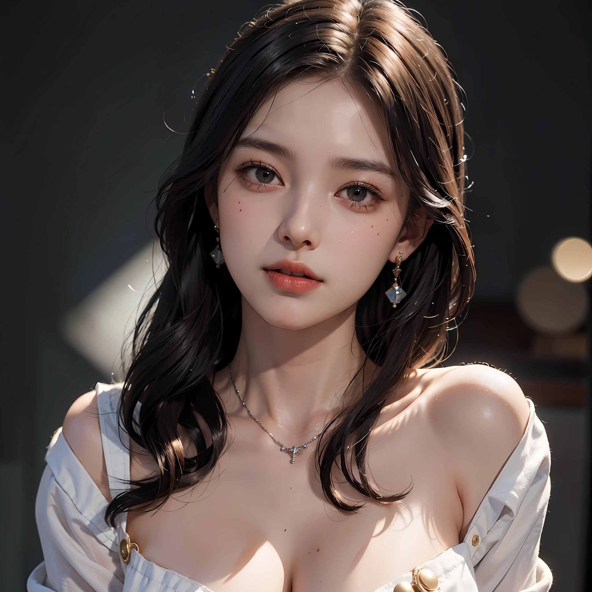 Wearing only one long shirt, (all buttons open: 1.1), big breasts, deep cleavage, best quality, masterpiece, illustration, very delicate and beautiful, very detailed, CG, unity, 8K wallpapers, amazing, fine detail, very detailed CG Unity 8K wallpapers, huge file size, very detailed, high resolution, handsome detail woman, very detailed eyes and face, wonderful detailed eyes, light on face, (Best Illustration: 1.1), (Best Shadow: 1.1), Ultra High Resolution, (Photoreal: 1.1), (Photo Realistic: 1.2:1.1), Realistic Face Proportions, Slender, Smile, (Makeup: 0.4), (Fluffy Black Eyes: 1.21), Black Eyes, Looking at the Viewer, Dark Brown Hair, Earrings, Necklaces, Hairpins, Cowboy Shots, (Irregular Irregular Skin Imperfections, Veins, Skin Wrinkles Pores: 1.2), (Dark Night Background: 1.2), (Bokeh: 1.4),