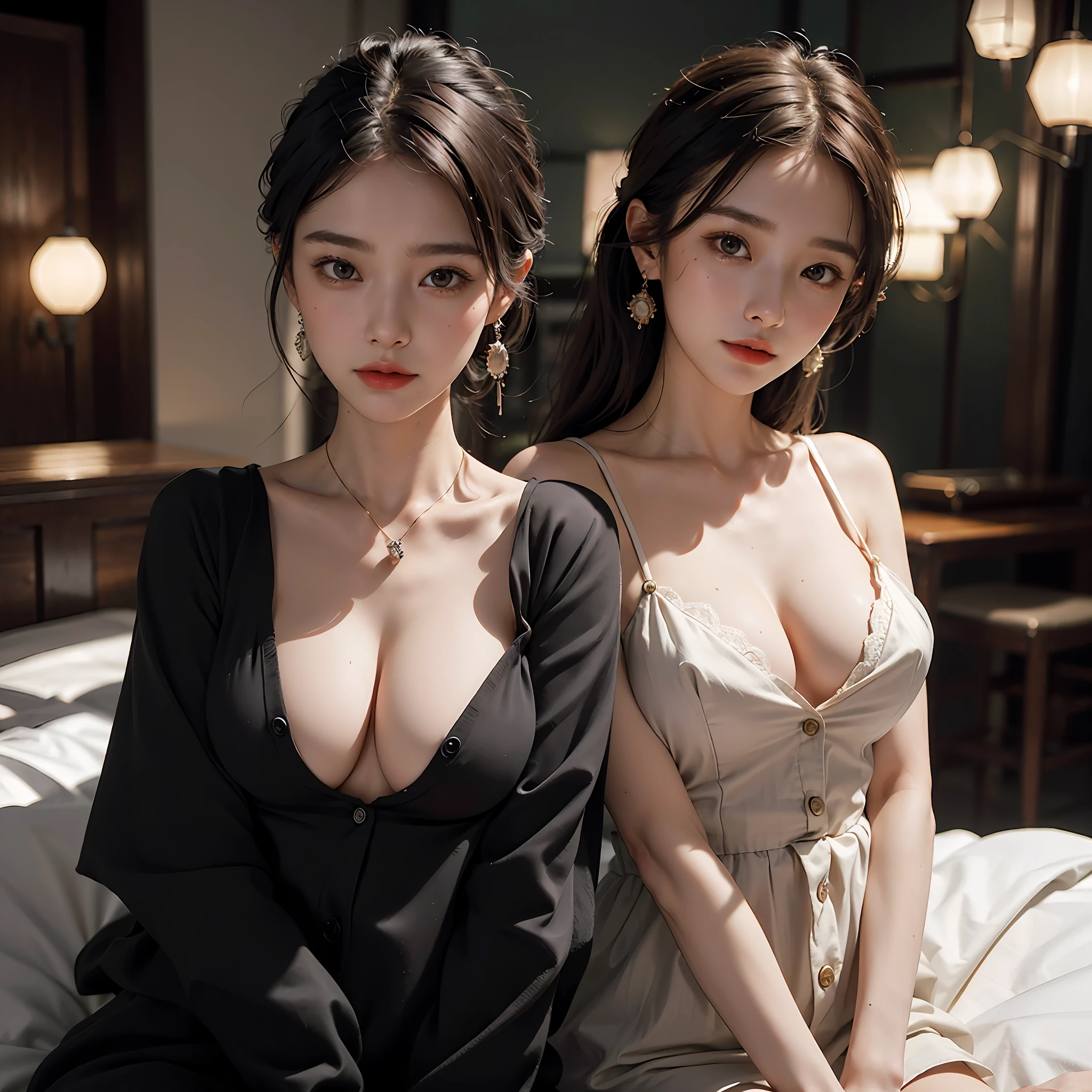 Wearing only one long shirt, (all buttons open: 1.1), big breasts, deep cleavage, best quality, masterpiece, illustration, very delicate and beautiful, very detailed, CG, unity, 8K wallpapers, amazing, fine detail, very detailed CG Unity 8K wallpapers, huge file size, very detailed, high resolution, handsome detail woman, very detailed eyes and face, wonderful detailed eyes, light on face, (Best Illustration: 1.1), (Best Shadow: 1.1), Ultra High Resolution, (Photoreal: 1.1), (Photo Realistic: 1.2:1.1), Realistic Face Proportions, Slender, Smile, (Makeup: 0.4), (Fluffy Black Eyes: 1.21), Black Eyes, Looking at the Viewer, Dark Brown Hair, Earrings, Necklaces, Hairpins, Cowboy Shots, (Irregular Irregular Skin Imperfections, Veins, Skin Wrinkles Pores: 1.2), (Dark Night Background: 1.2), (Bokeh: 1.4),